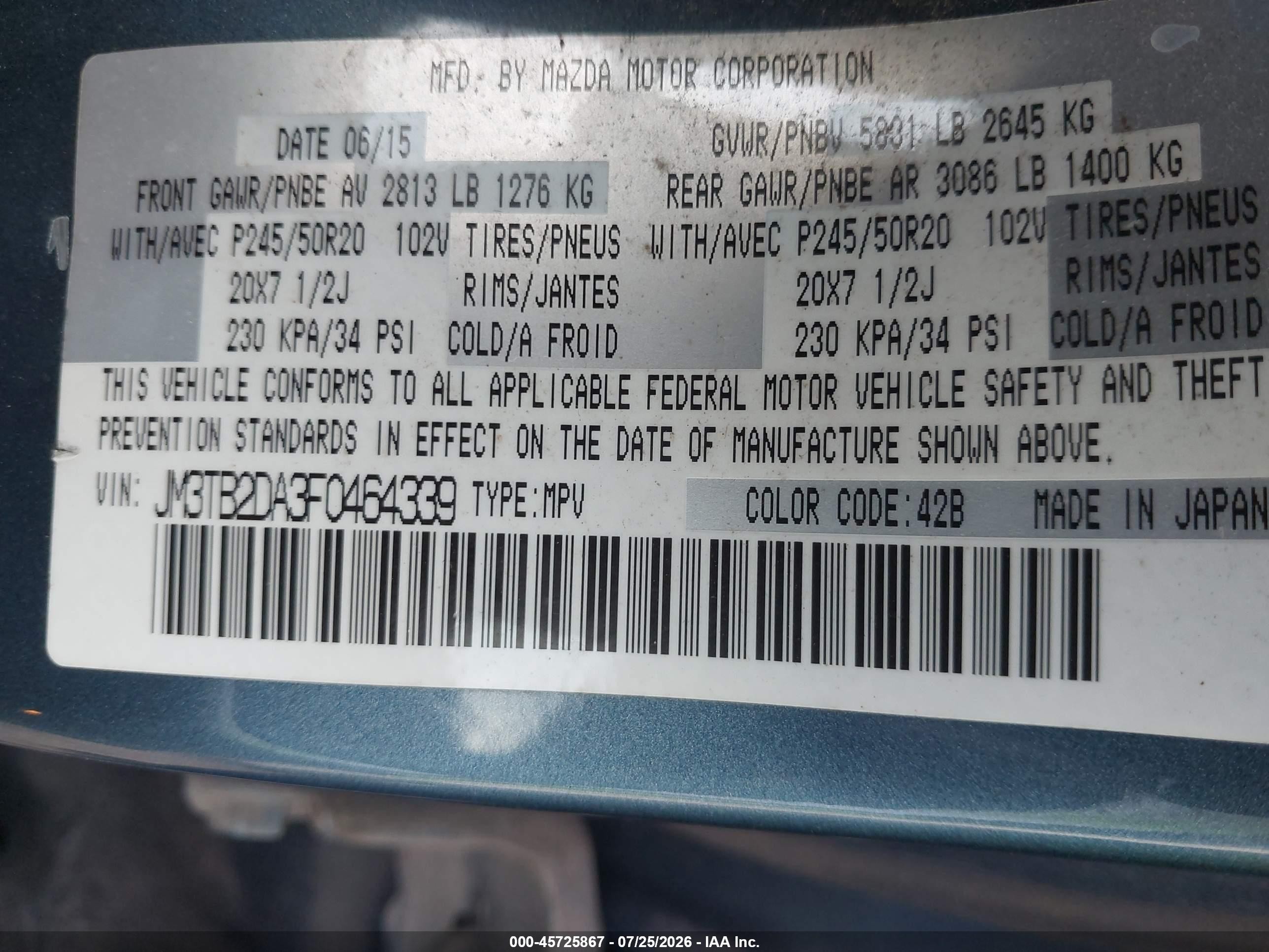 2015 Mazda Cx-9 Grand Touring Blue vin: JM3TB2DA3F0464339