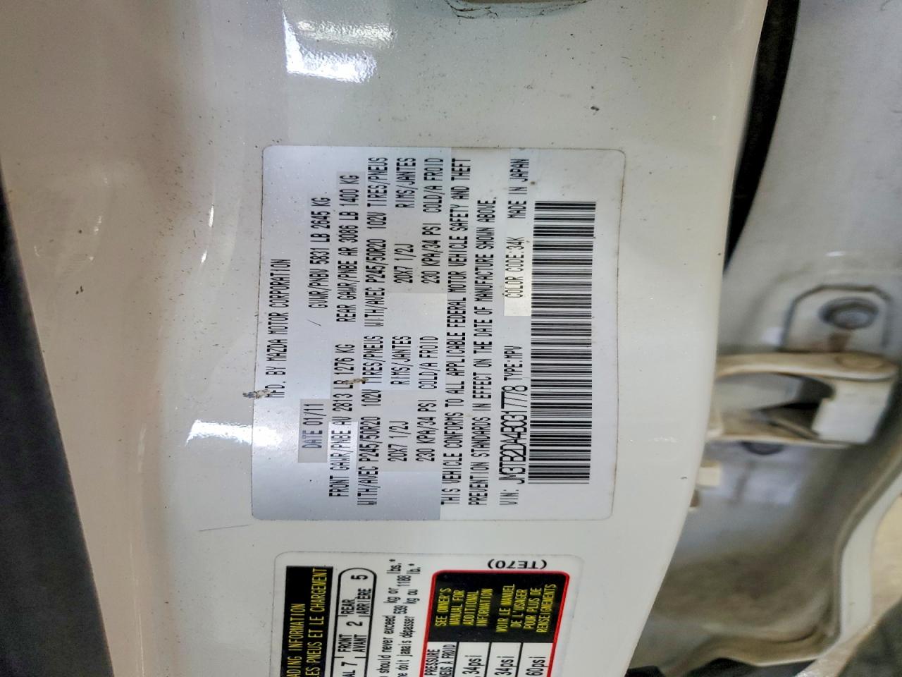 2011 Mazda Cx-9 White vin: JM3TB2DA4B0317778