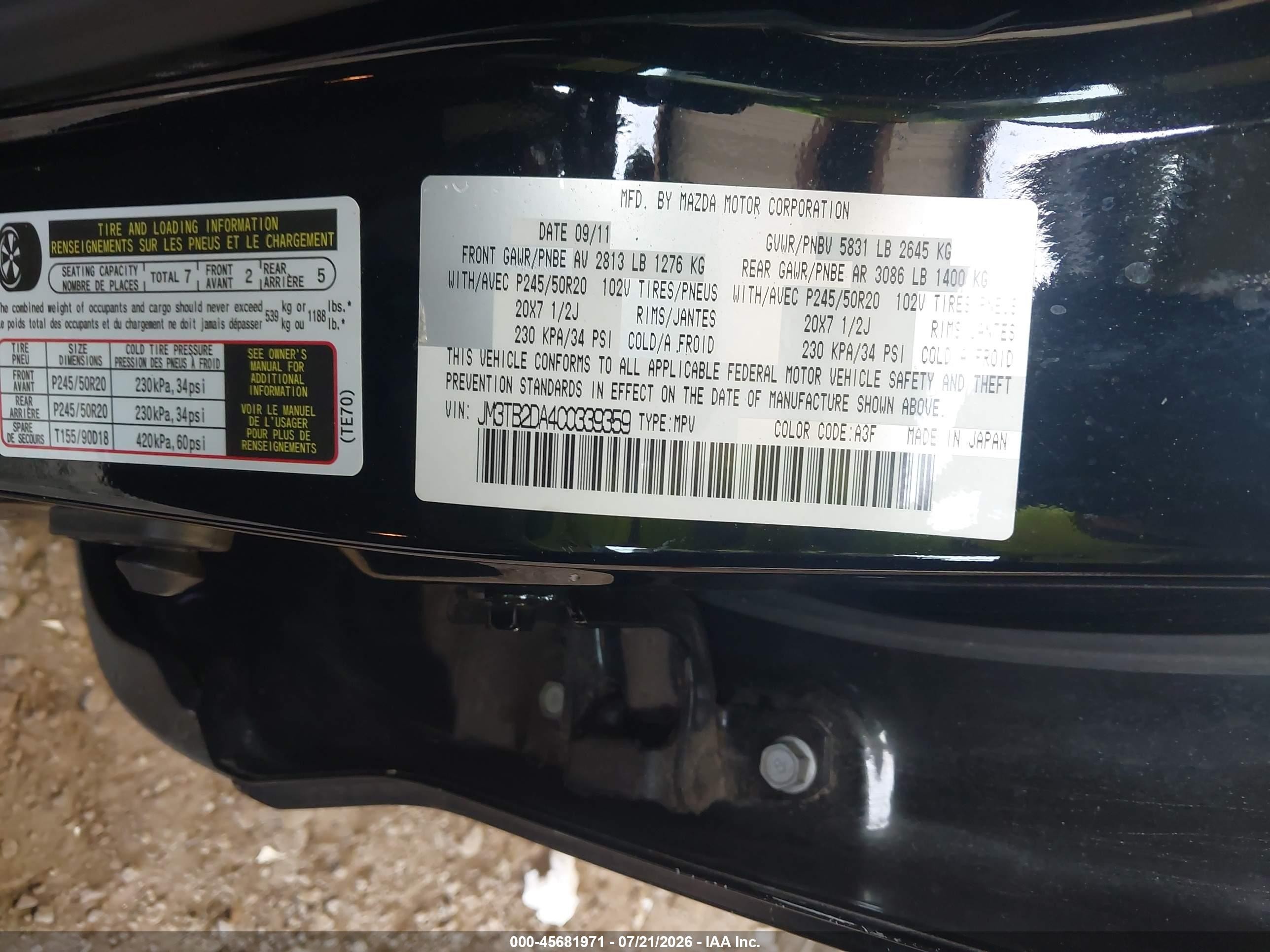 2012 Mazda Cx-9 Grand Touring Black vin: JM3TB2DA4C0339359