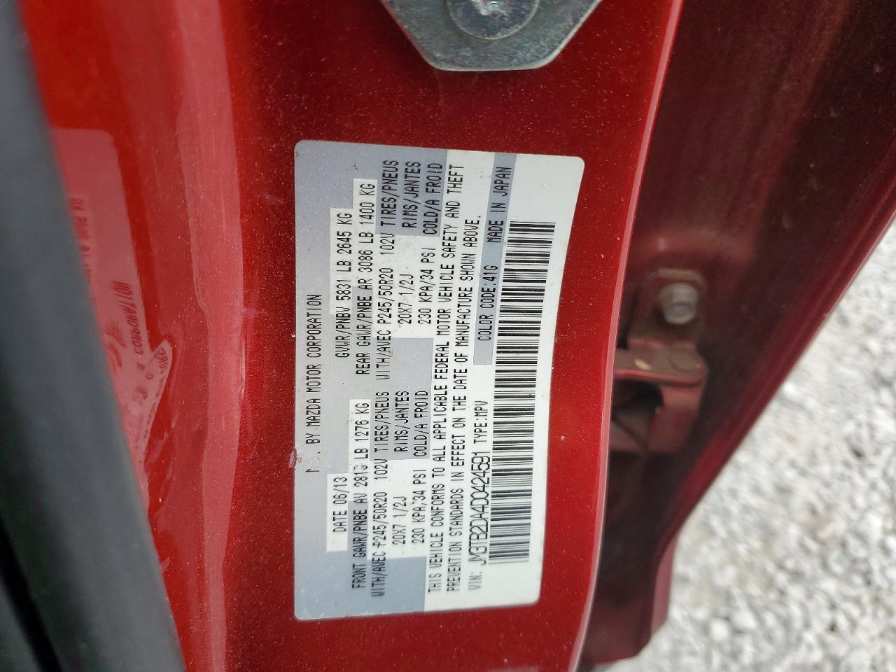 2013 Mazda Cx-9 Grand Touring Red vin: JM3TB2DA4D0424591