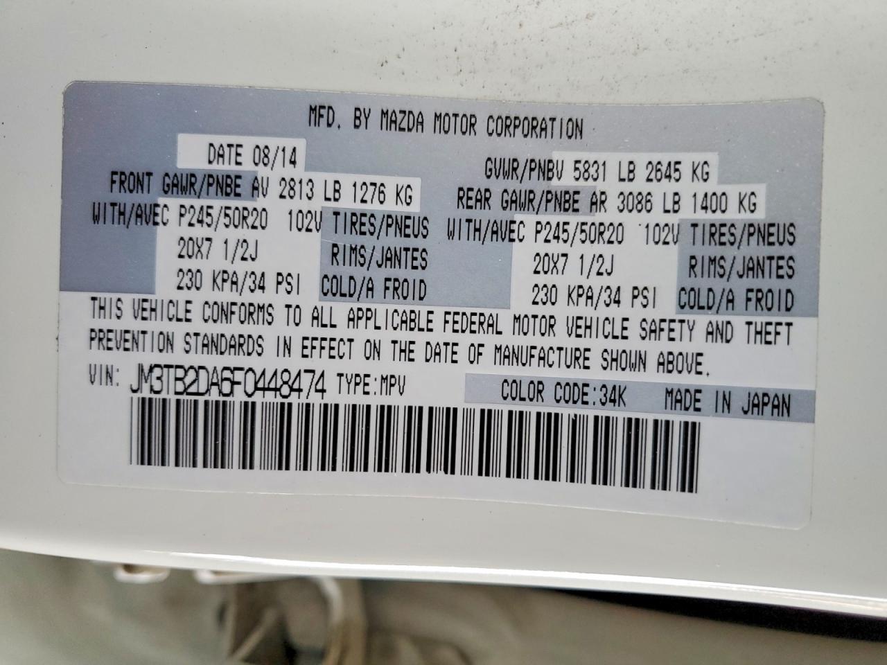 2015 Mazda Cx-9 White vin: JM3TB2DA6F0448474