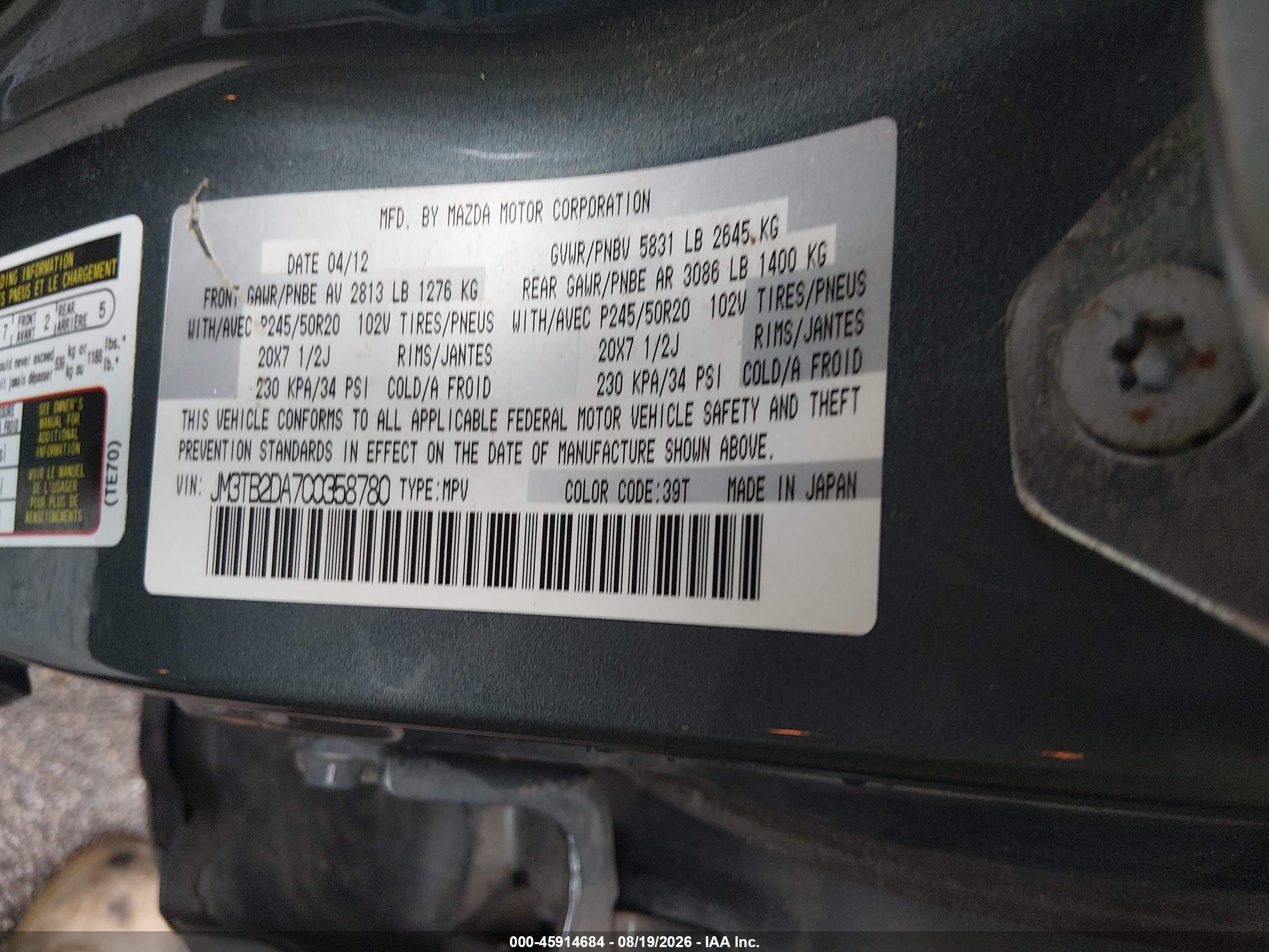 2012 Mazda Cx-9 Grand Touring Gray vin: JM3TB2DA7C0358780