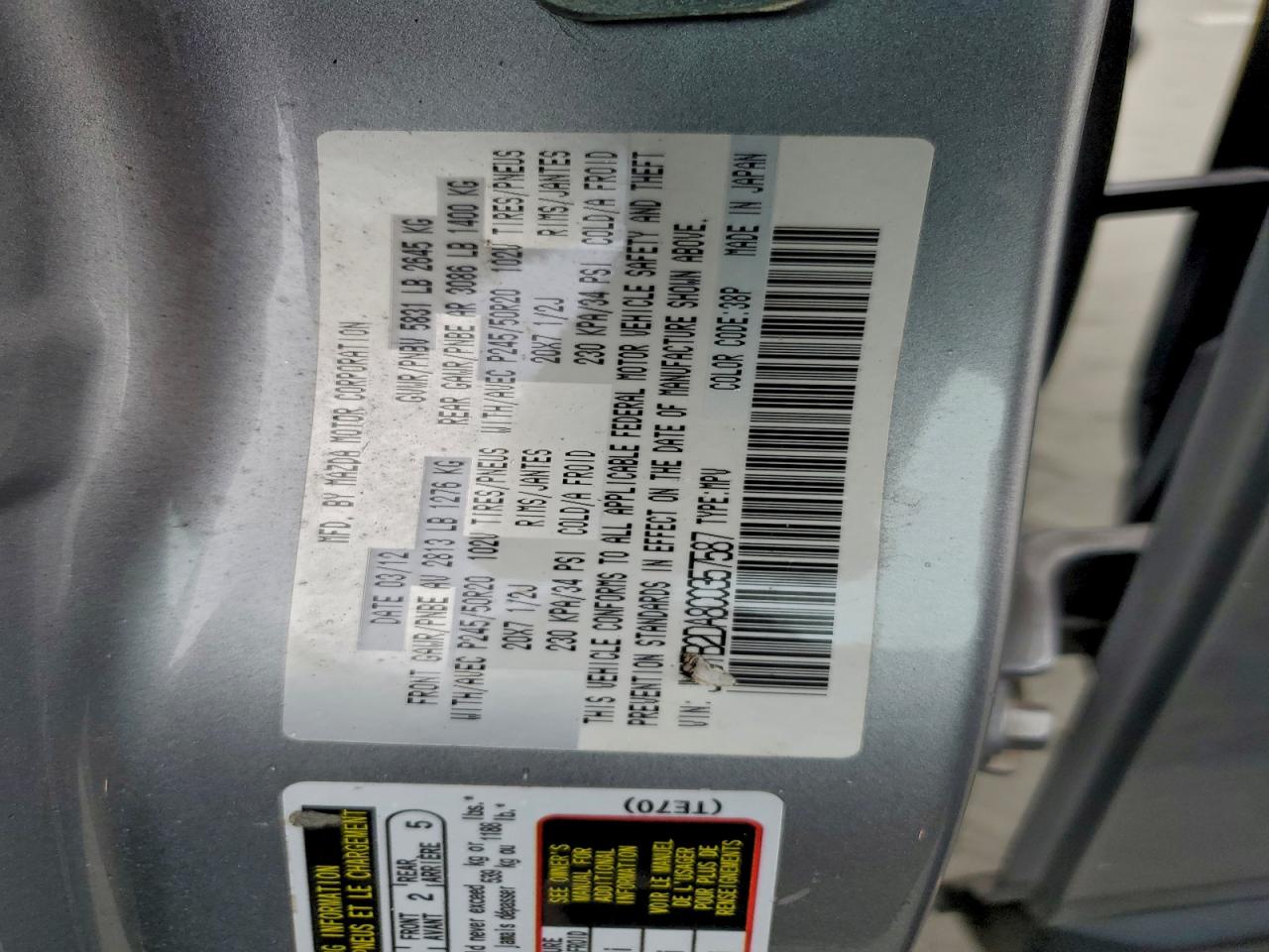 2012 Mazda Cx-9 Silver vin: JM3TB2DA8C0357587