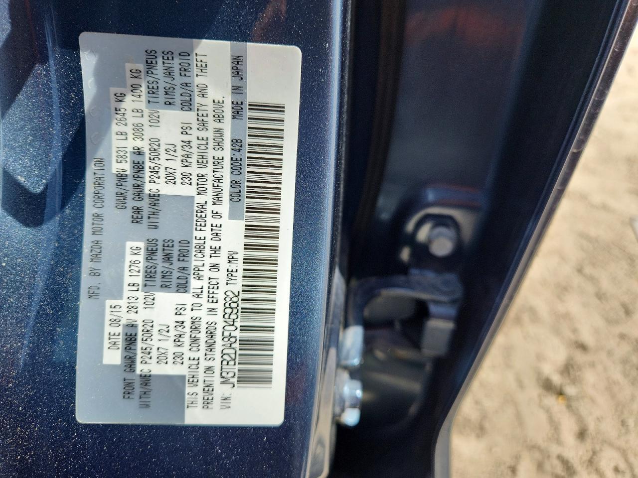 2015 Mazda Cx-9 Grand Touring Blue vin: JM3TB2DA8F0469682