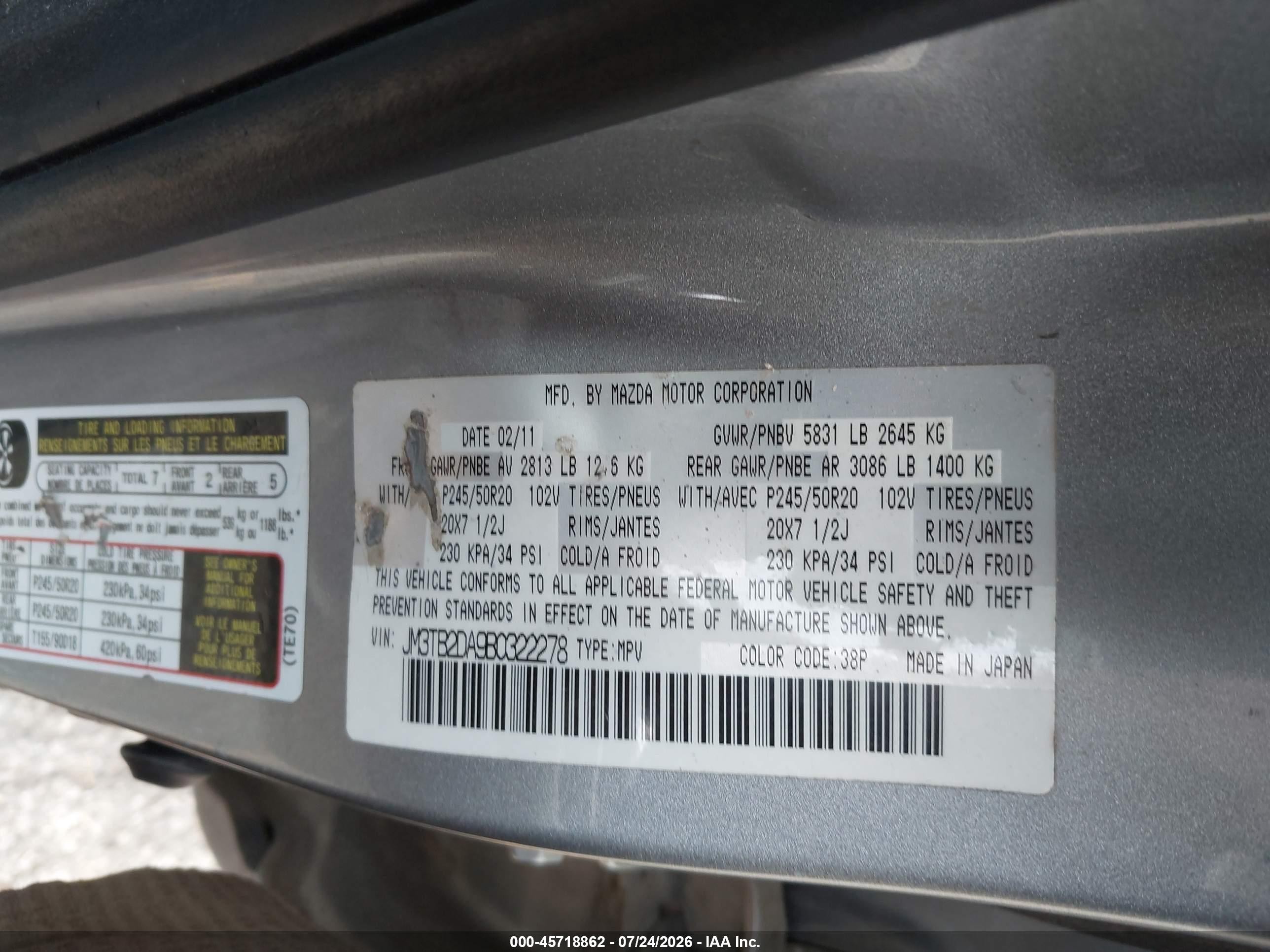 2011 Mazda Cx-9 Grand Touring Серый vin: JM3TB2DA9B0322278