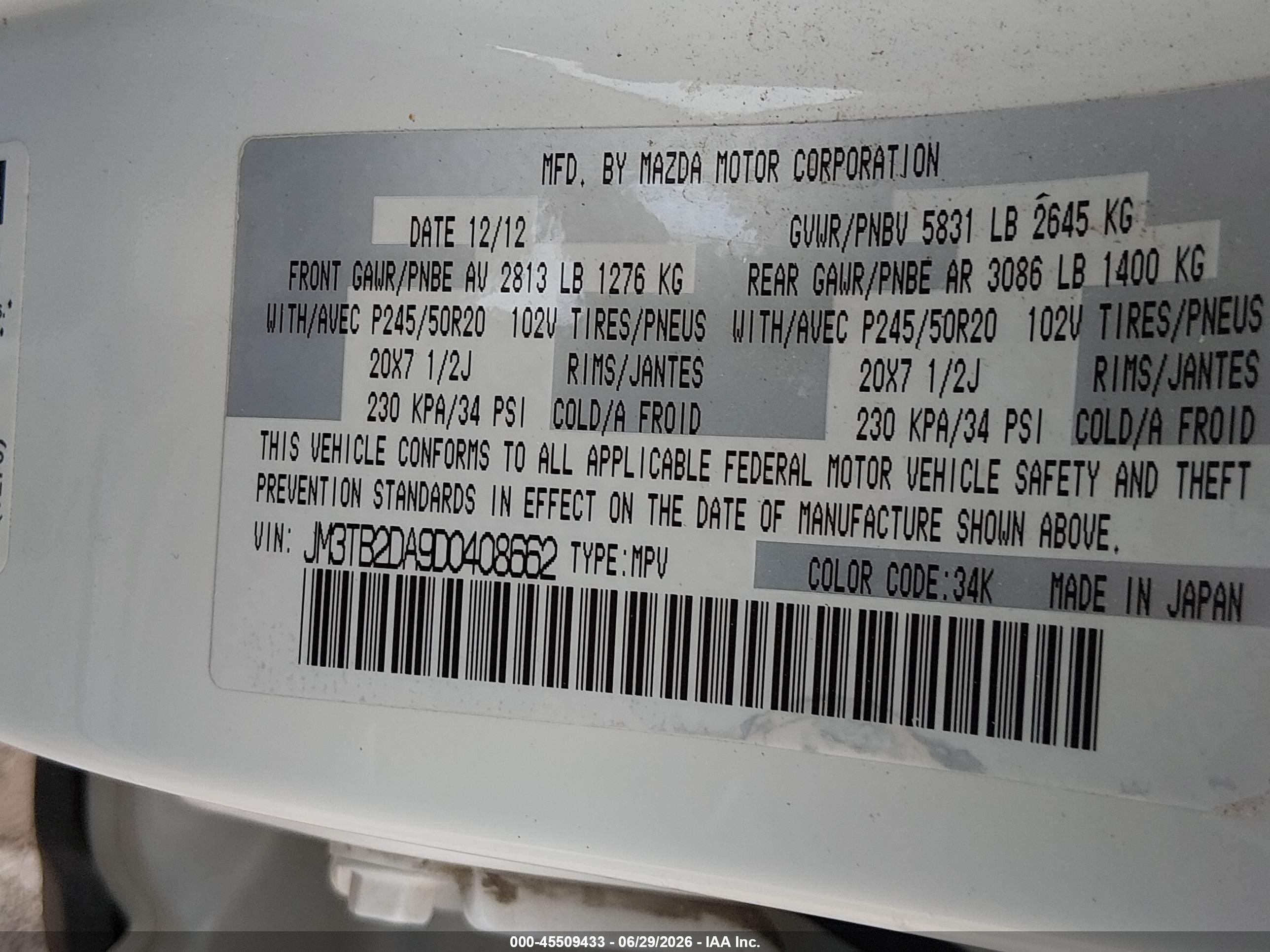 2013 Mazda Cx-9 Grand Touring White vin: JM3TB2DA9D0408662