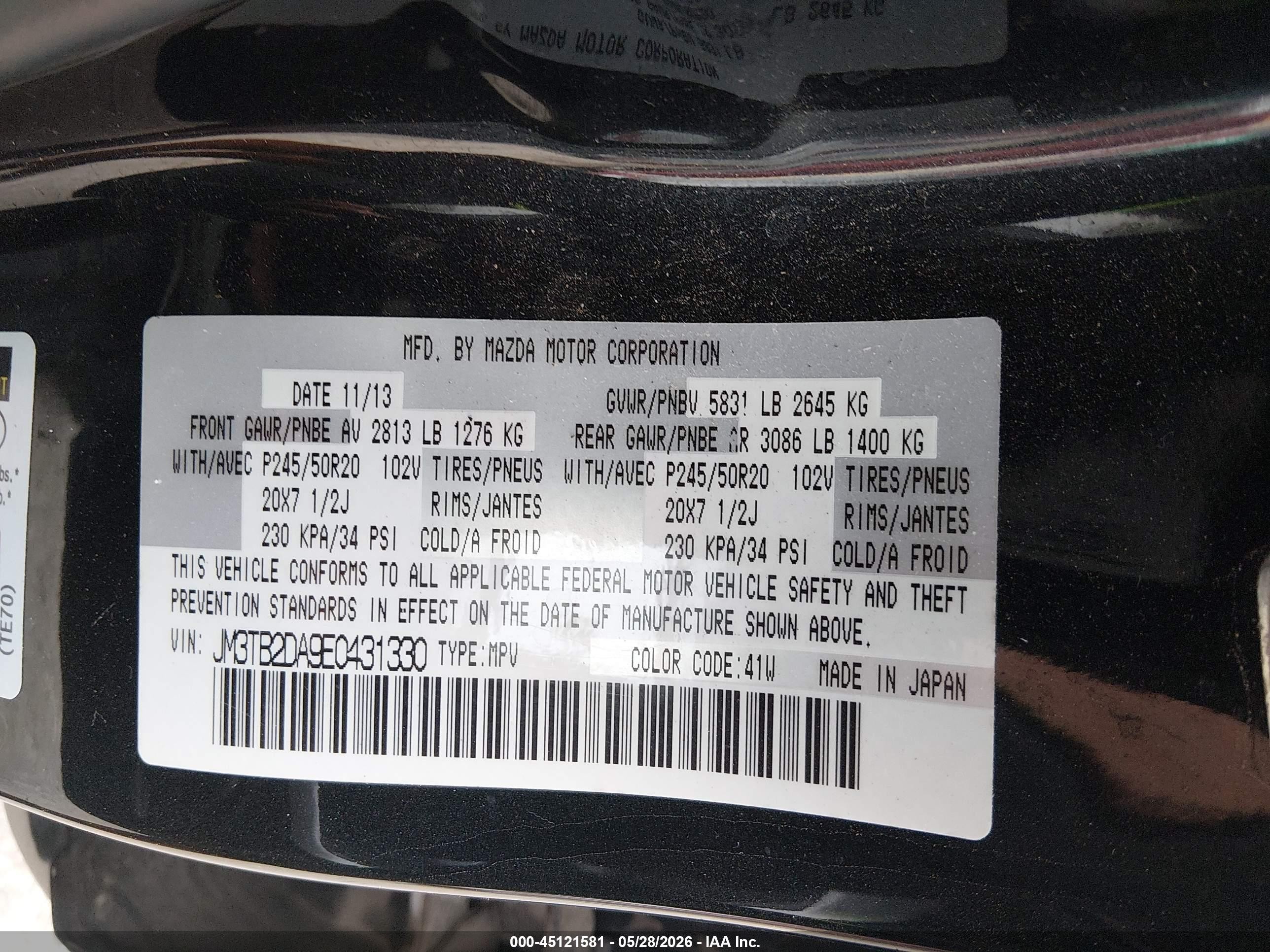 2014 Mazda Cx-9 Grand Touring Black vin: JM3TB2DA9E0431330