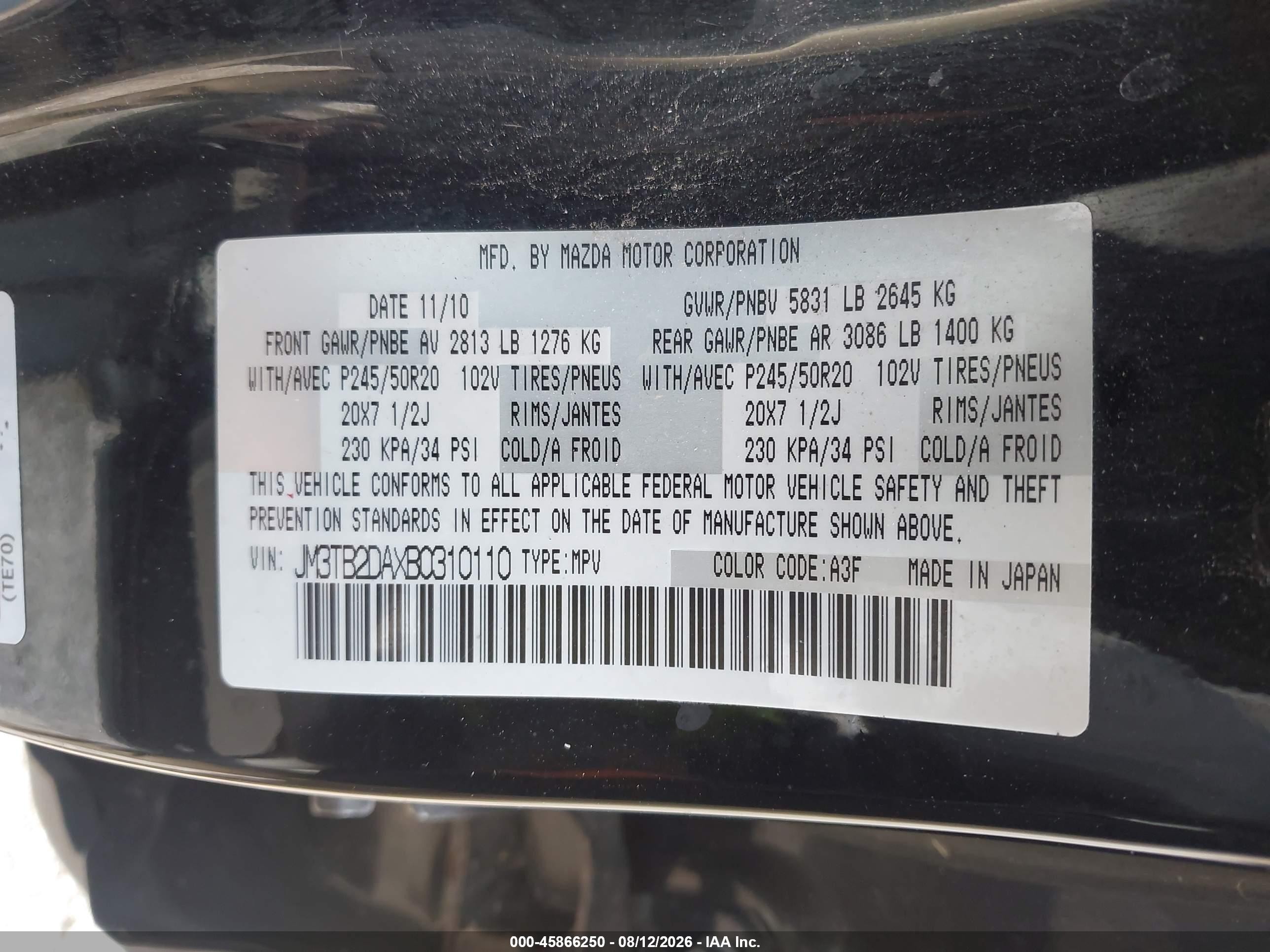 2011 Mazda Cx-9 Grand Touring Black vin: JM3TB2DAXB0310110