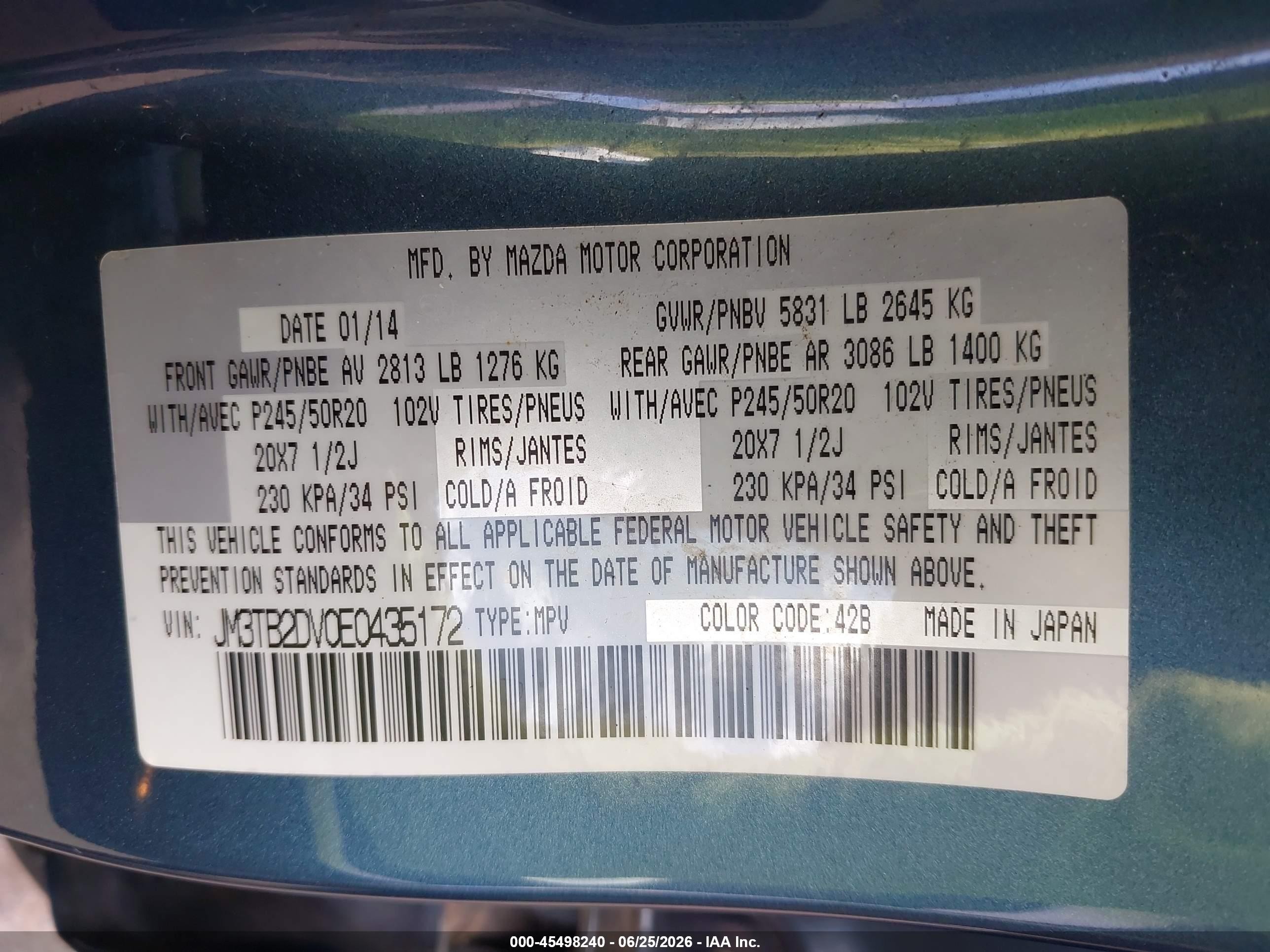2014 Mazda Cx-9 Grand Touring Blue vin: JM3TB2DV0E0435172