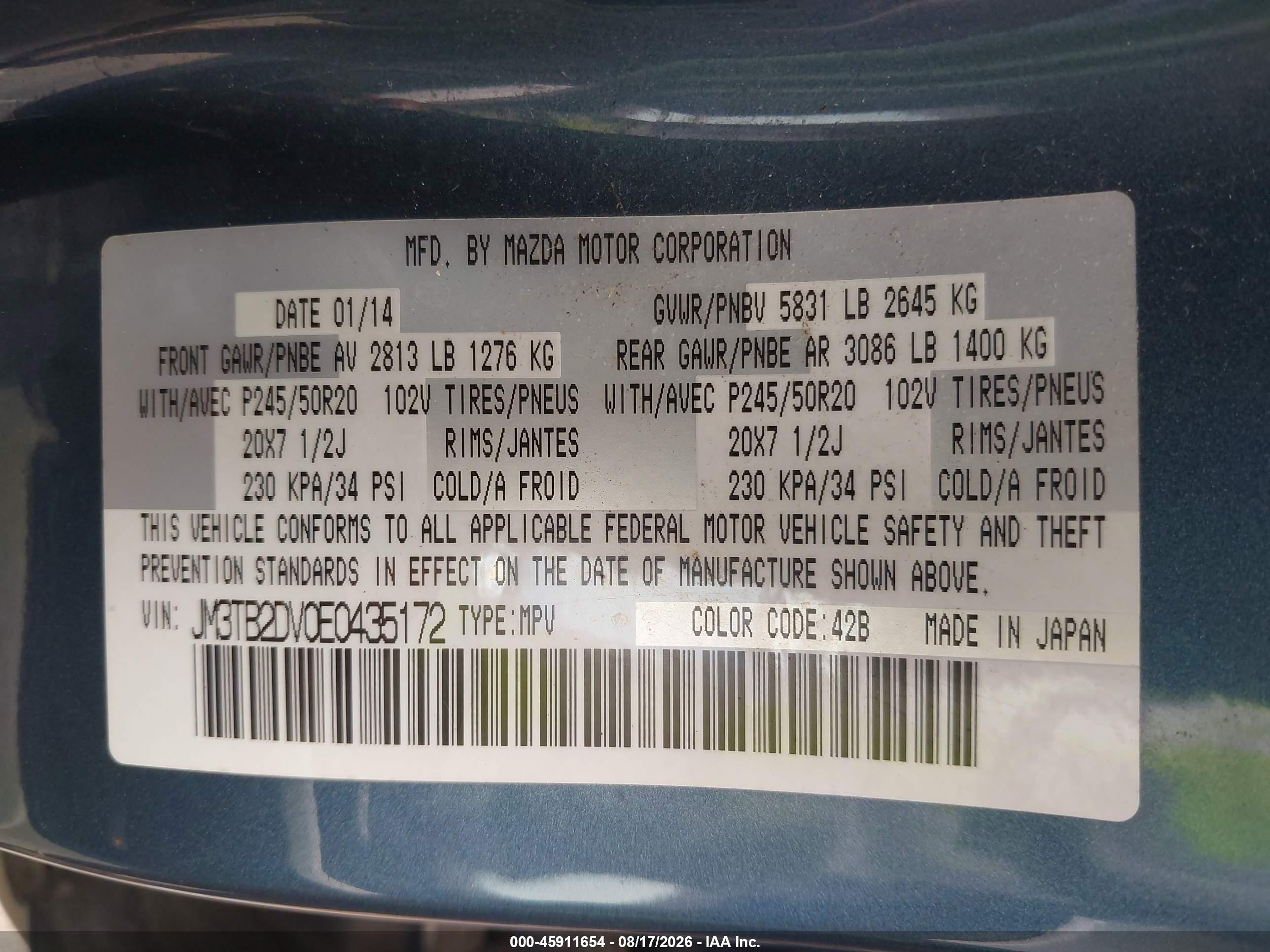 2014 Mazda Cx-9 Grand Touring Blue vin: JM3TB2DV0E0435172