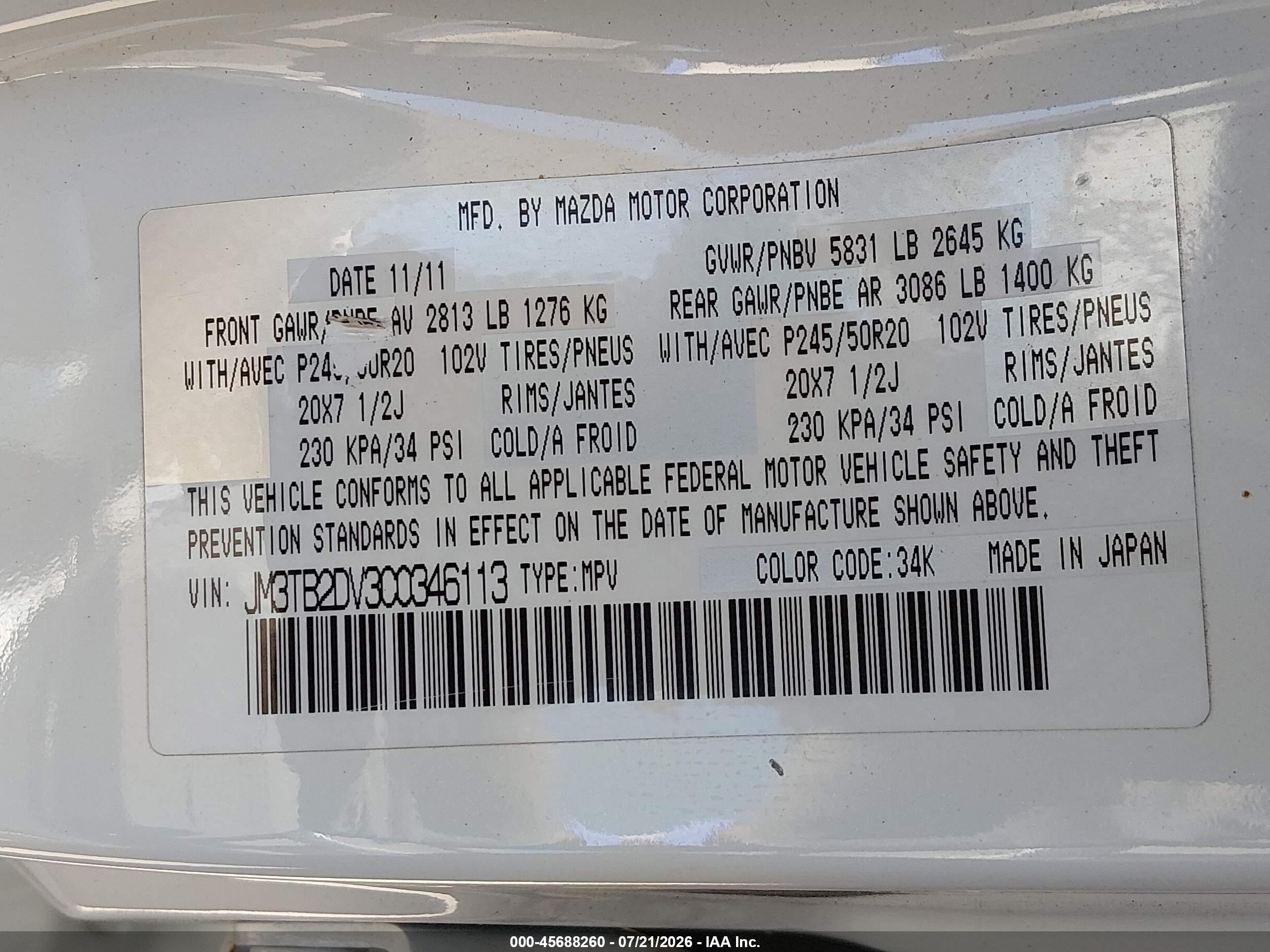 2012 Mazda Cx-9 Grand Touring White vin: JM3TB2DV3C0346113