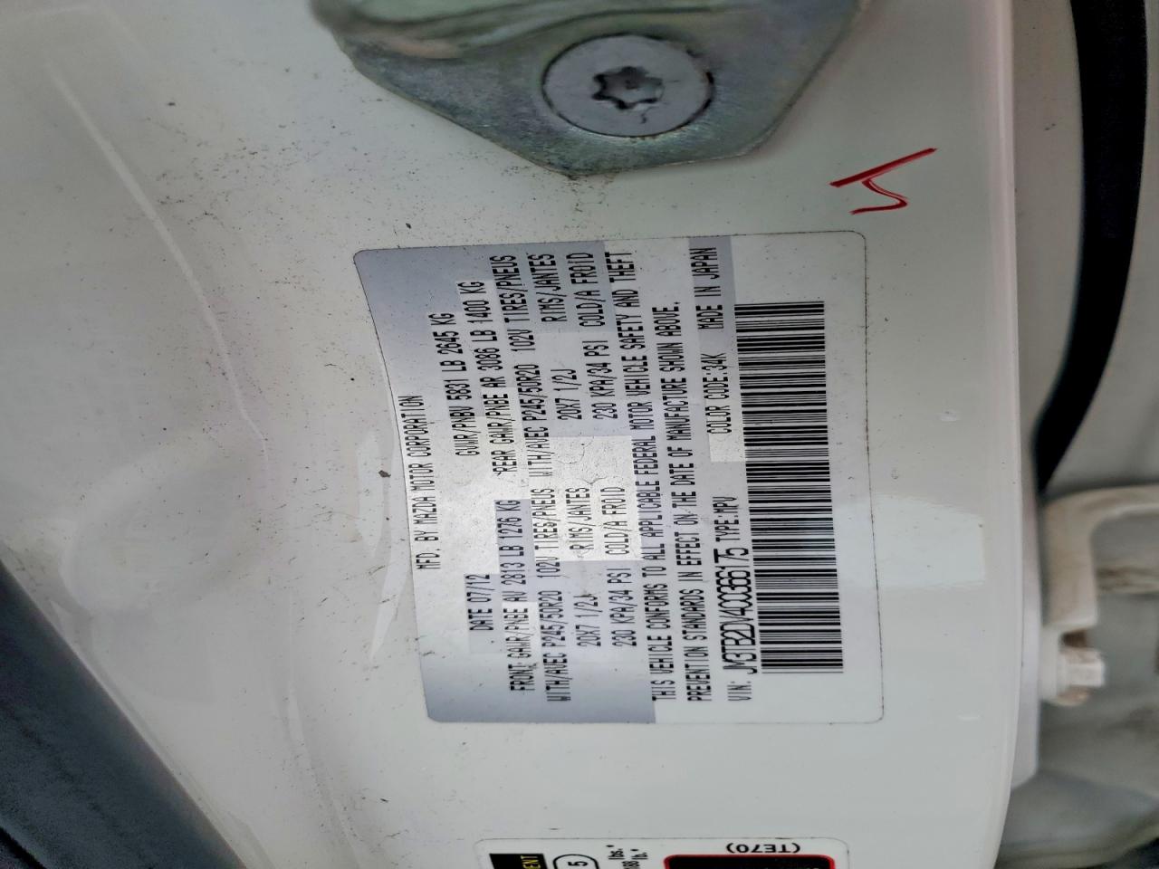 2012 Mazda Cx-9 White vin: JM3TB2DV4C0366175