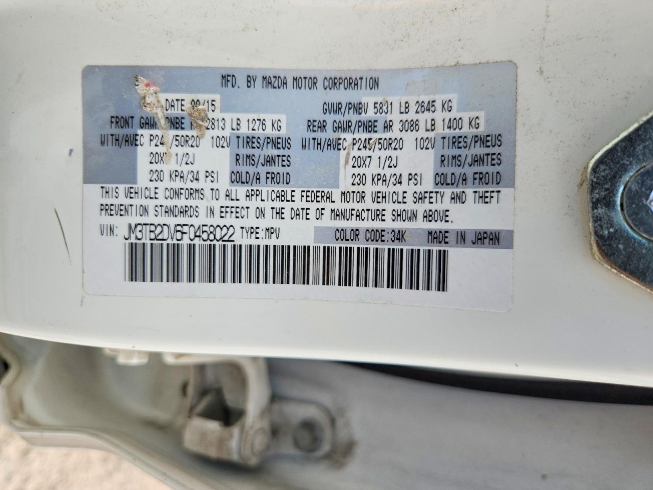 2015 Mazda Cx-9 Grand Touring White vin: JM3TB2DV6F0458022