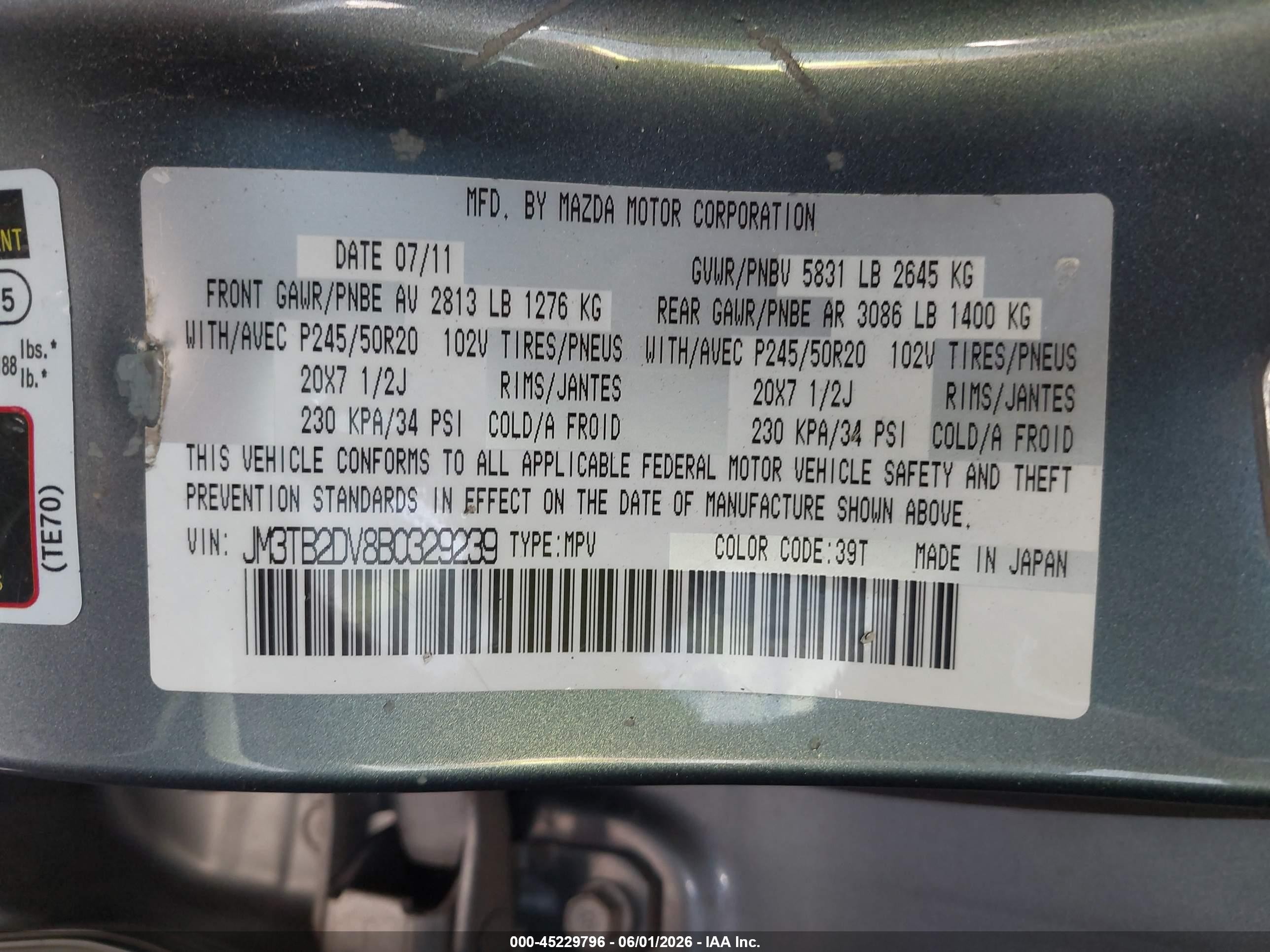 2011 Mazda Cx-9 Grand Touring Teal vin: JM3TB2DV8B0329239