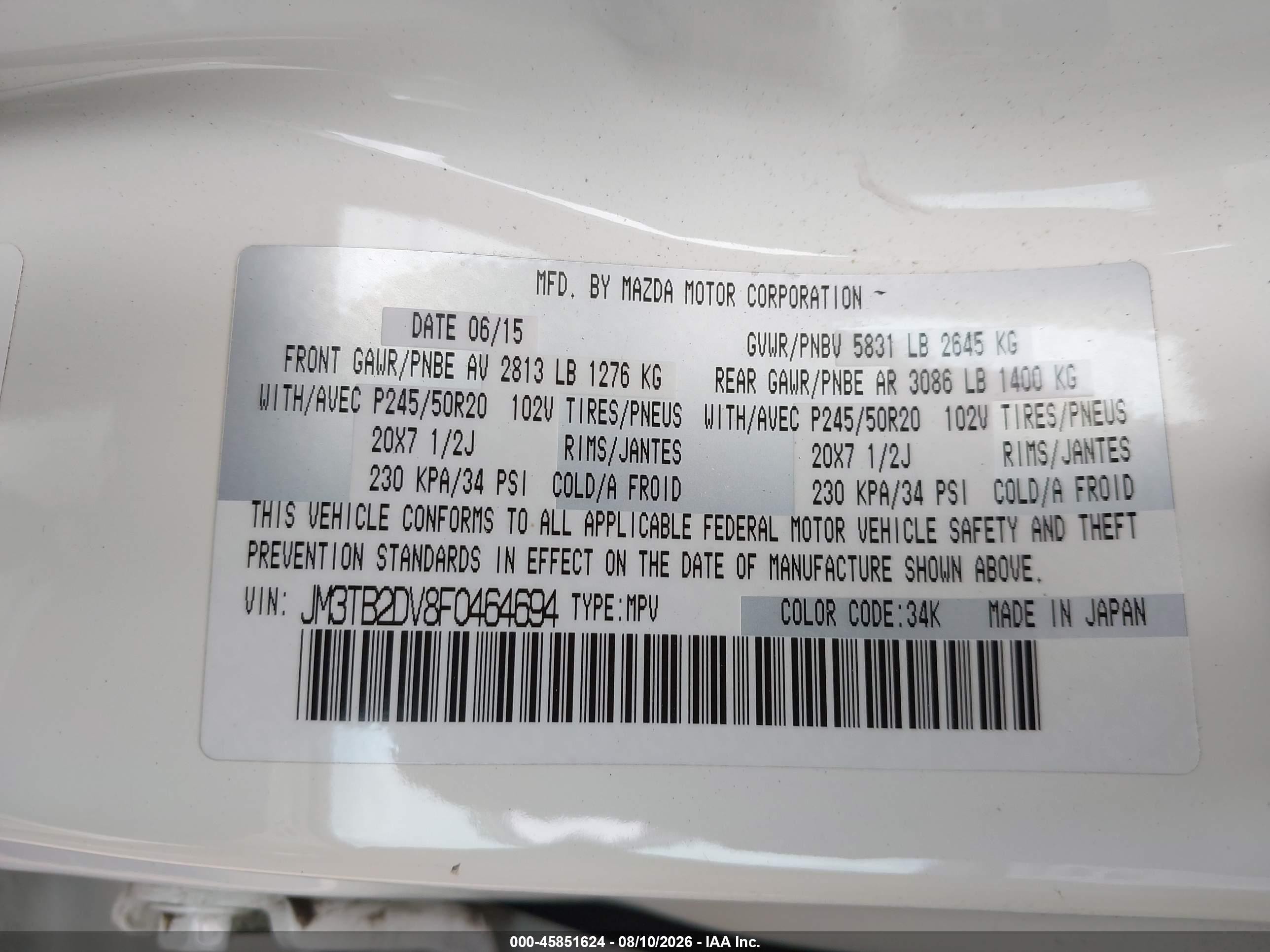 2015 Mazda Cx-9 Grand Touring White vin: JM3TB2DV8F0464694