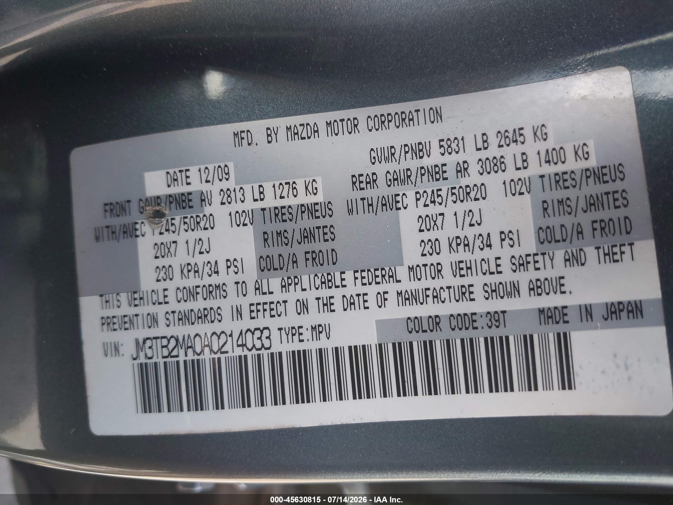 2010 Mazda Cx-9 Grand Touring Blue vin: JM3TB2MA0A0214033