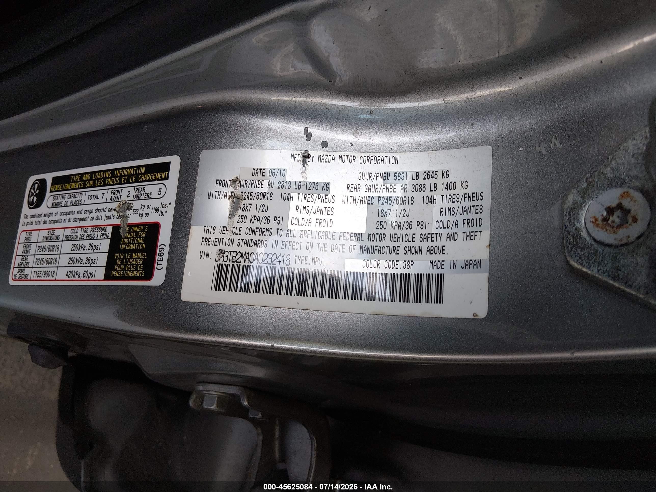 2010 Mazda Cx-9 Sport Серый vin: JM3TB2MA0A0232418