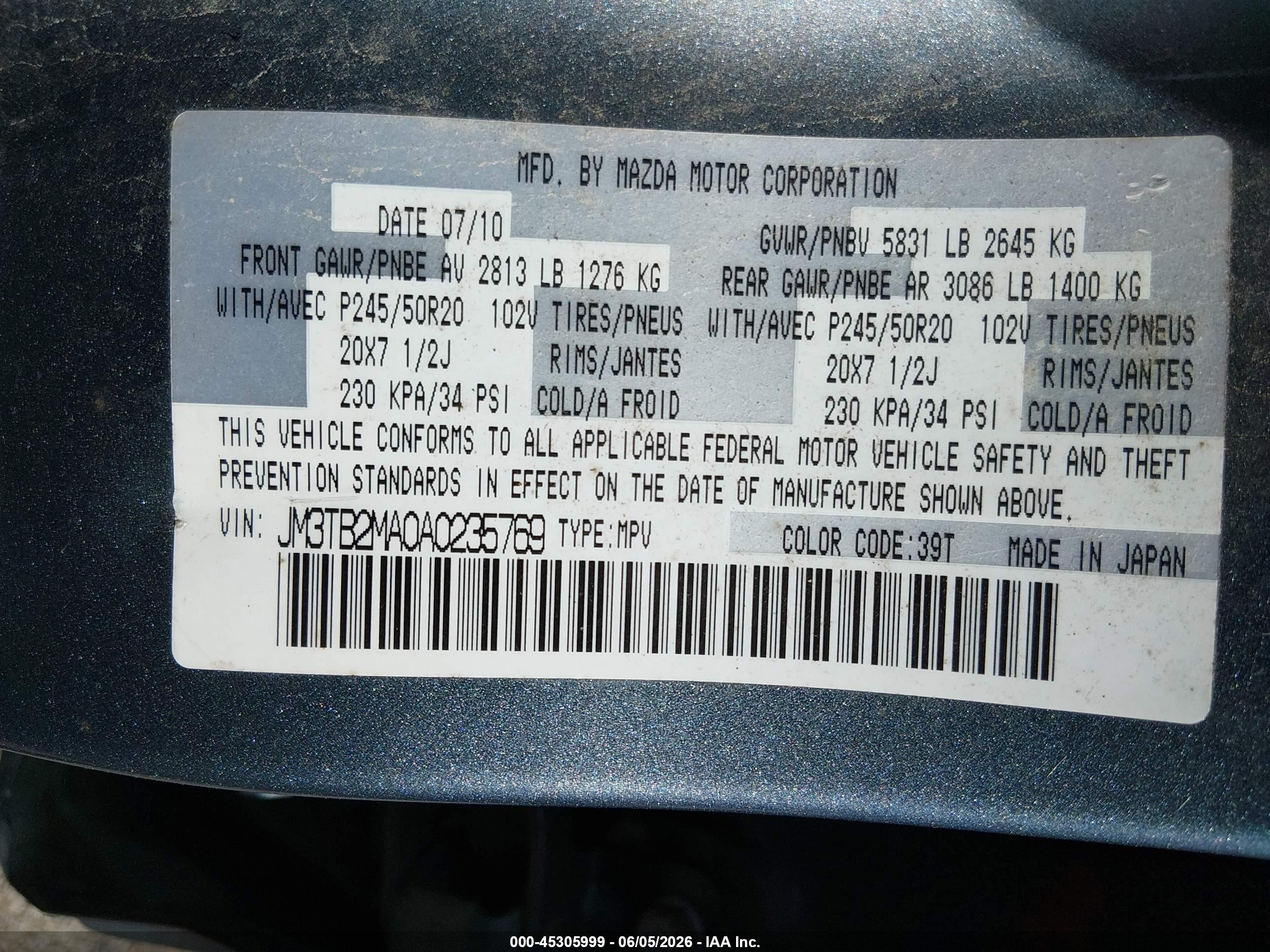 2010 Mazda Cx-9 Grand Touring Teal vin: JM3TB2MA0A0235769