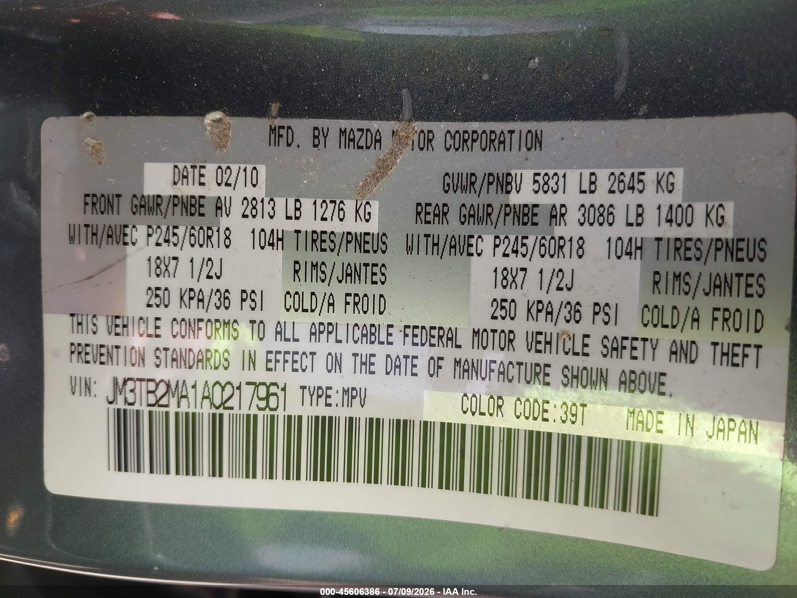2010 Mazda Cx-9 Sport Blue vin: JM3TB2MA1A0217961