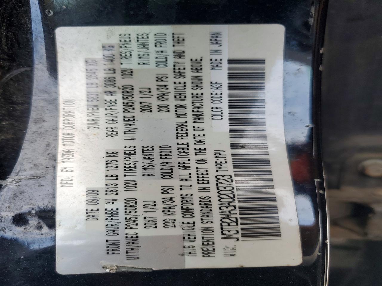 2010 Mazda Cx-9 Black vin: JM3TB2MA3A0203723