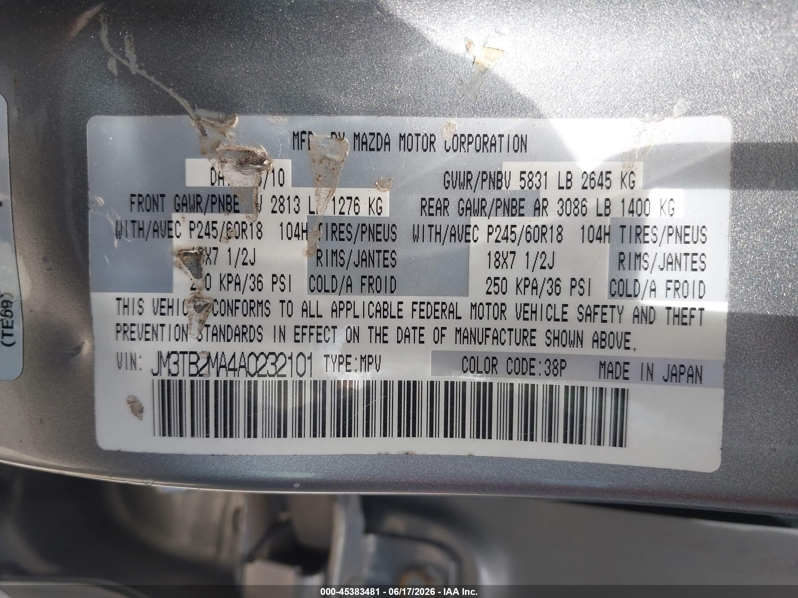 2010 Mazda Cx-9 Touring Silver vin: JM3TB2MA4A0232101