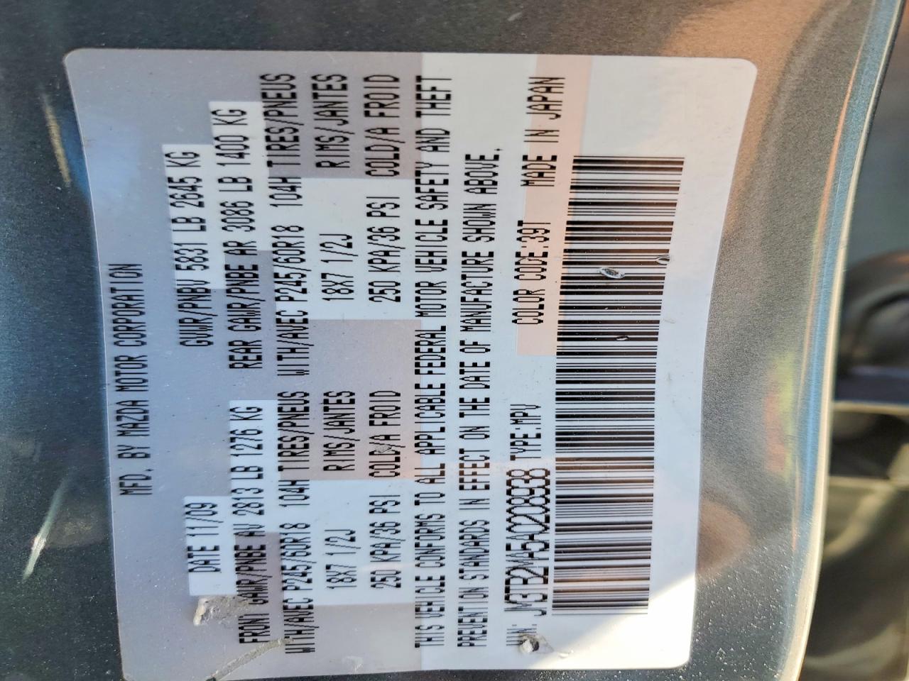 2010 Mazda Cx-9 Blue vin: JM3TB2MA5A0208938