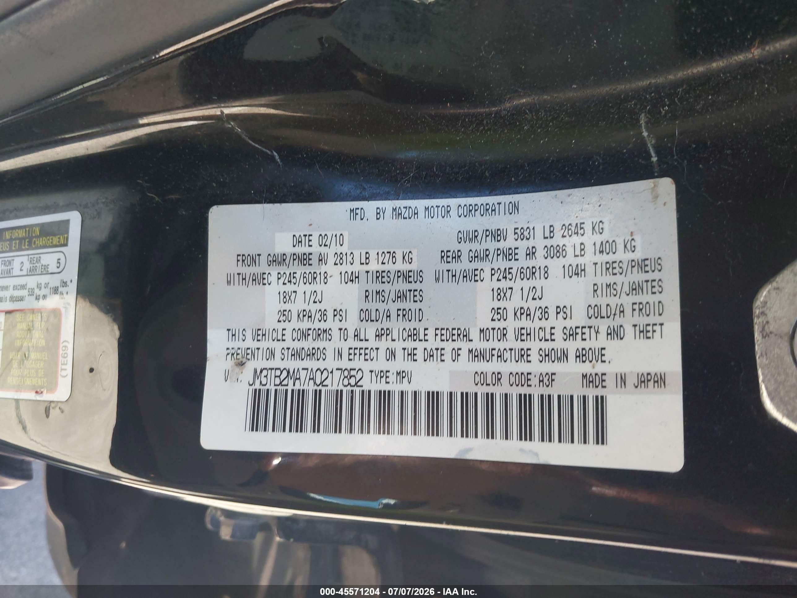 2010 Mazda Cx-9 Touring Black vin: JM3TB2MA7A0217852