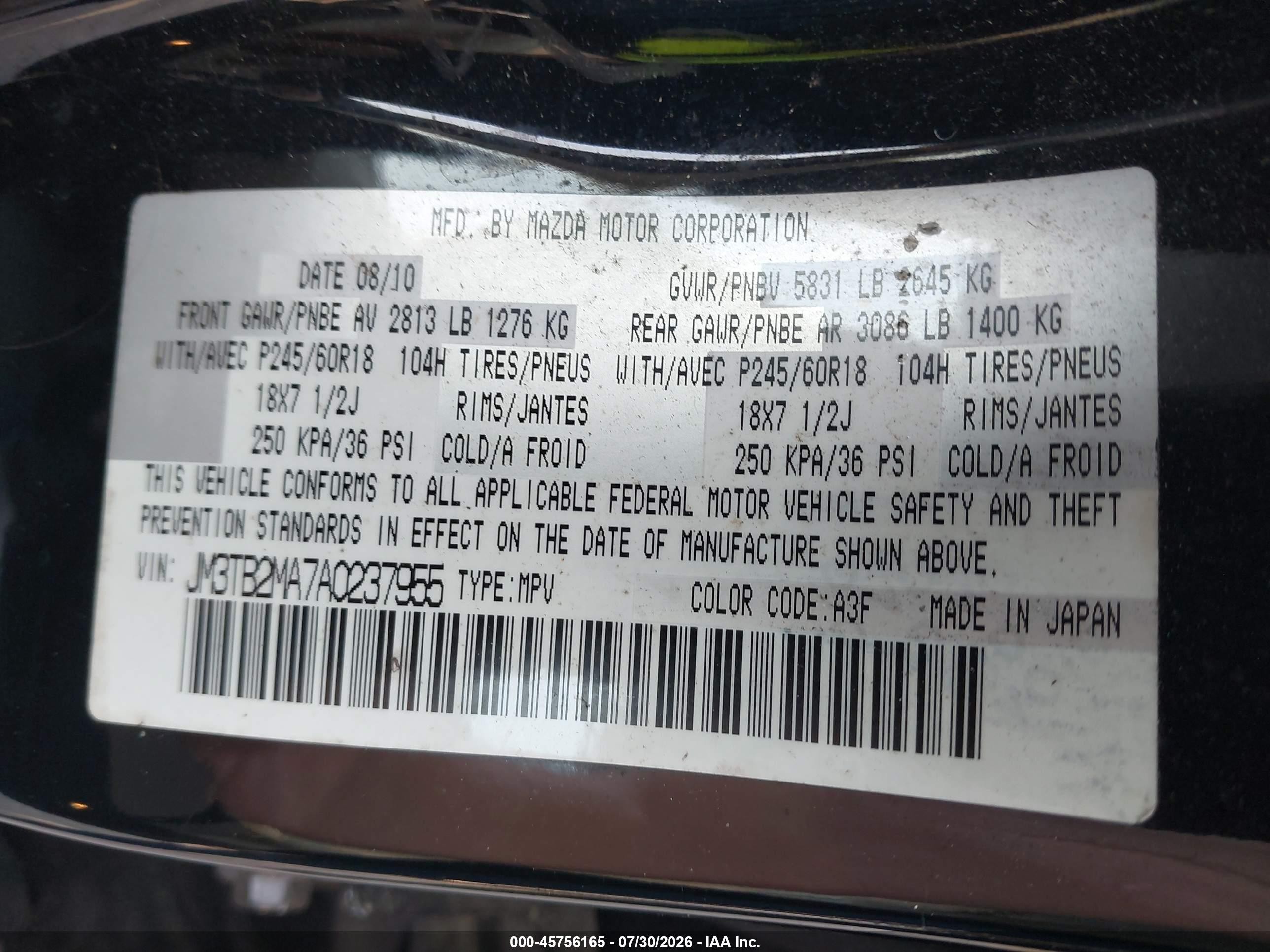 2010 Mazda Cx-9 Touring Black vin: JM3TB2MA7A0237955