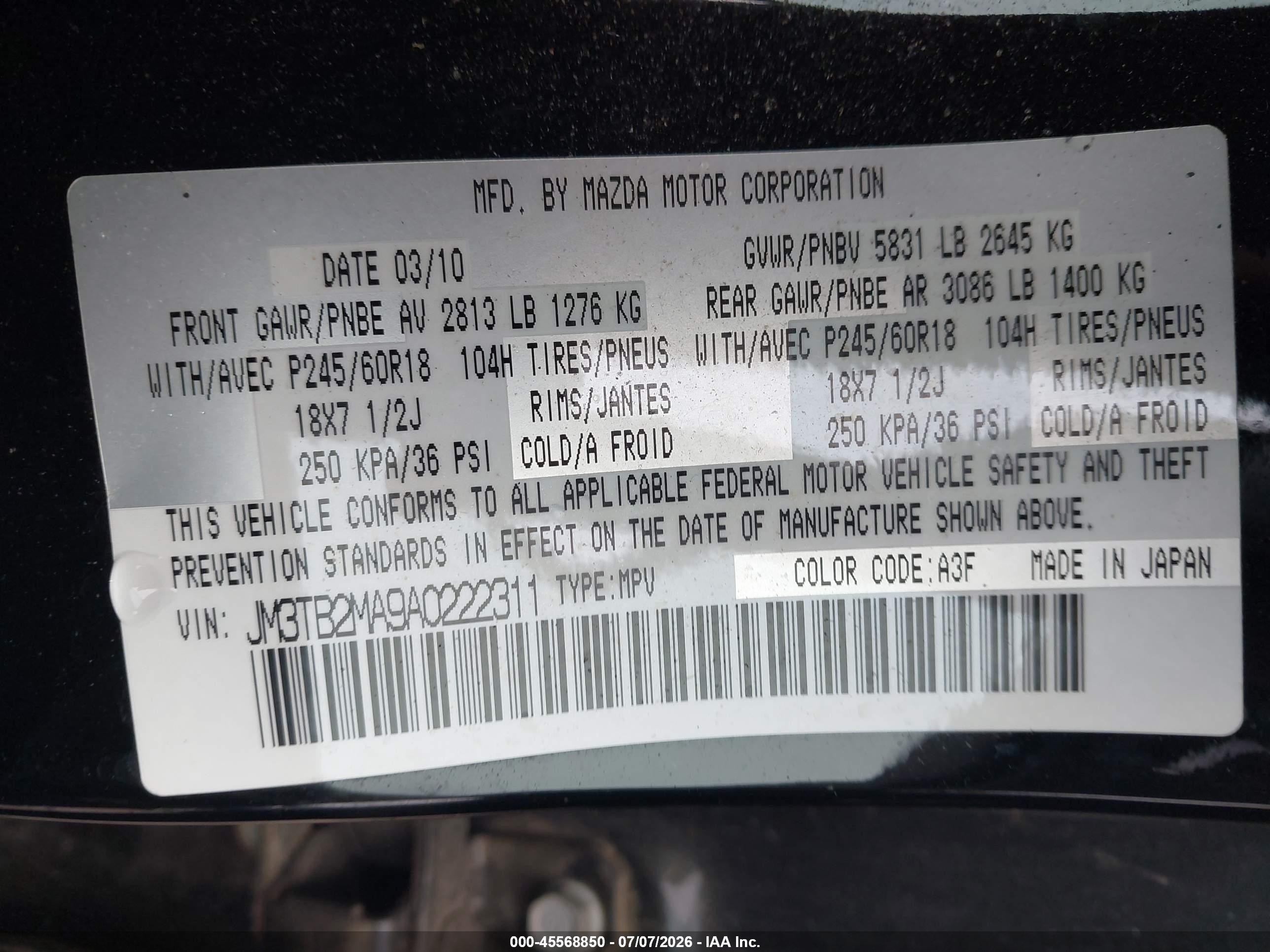 2010 Mazda Cx-9 Touring Black vin: JM3TB2MA9A0222311