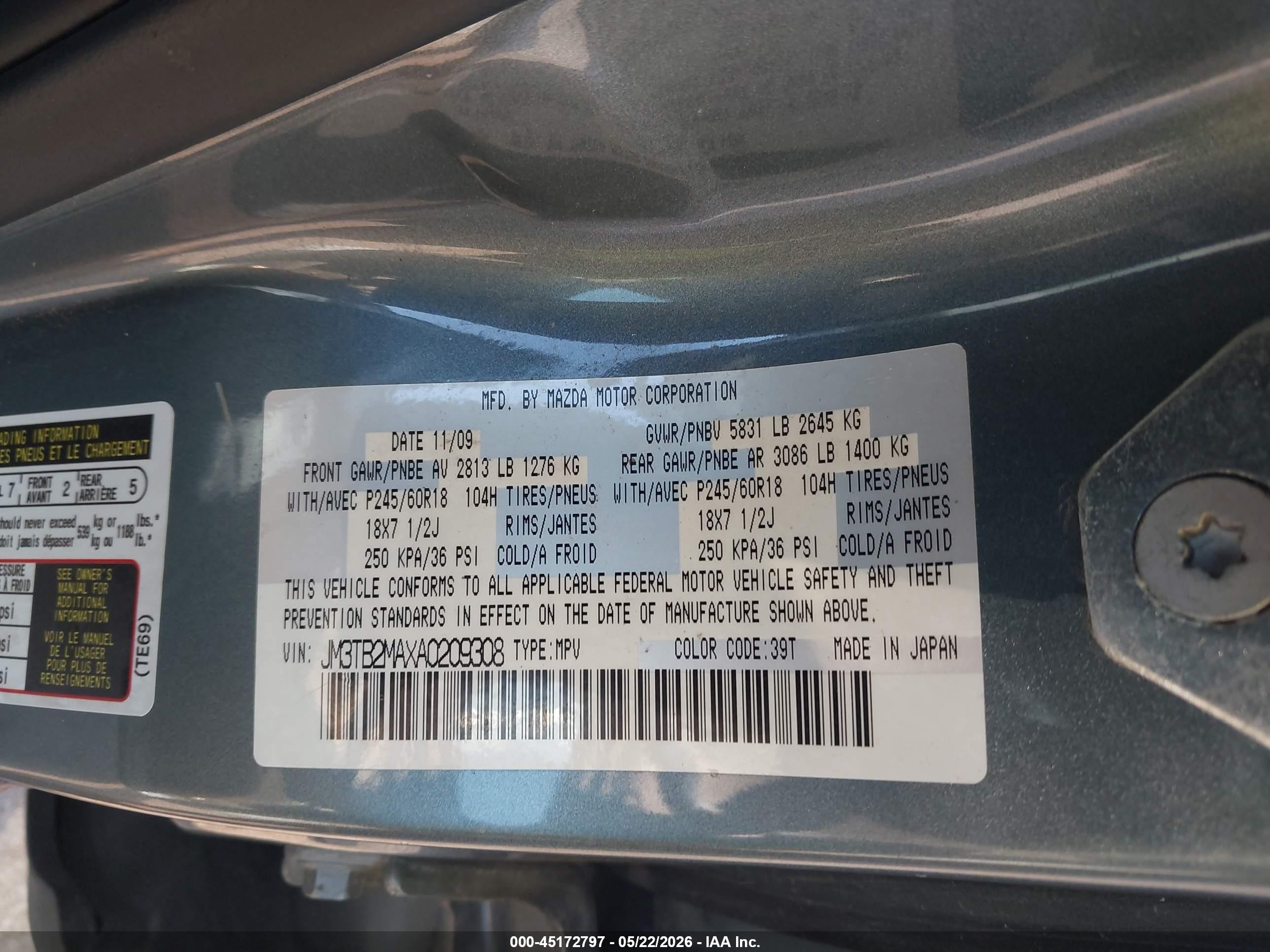 2010 Mazda Cx-9 Sport Green vin: JM3TB2MAXA0209308