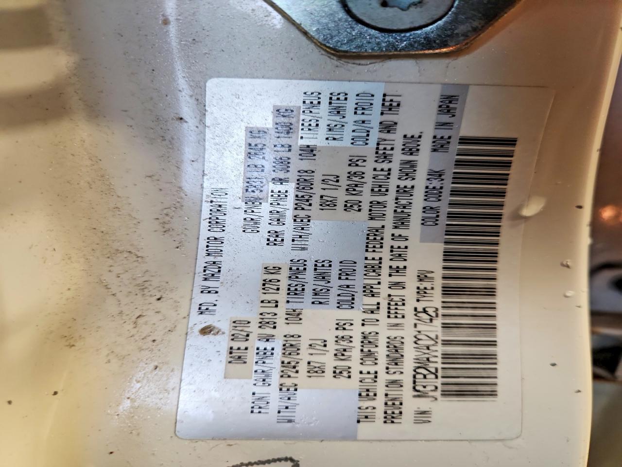 2010 Mazda Cx-9 White vin: JM3TB2MAXA0217425