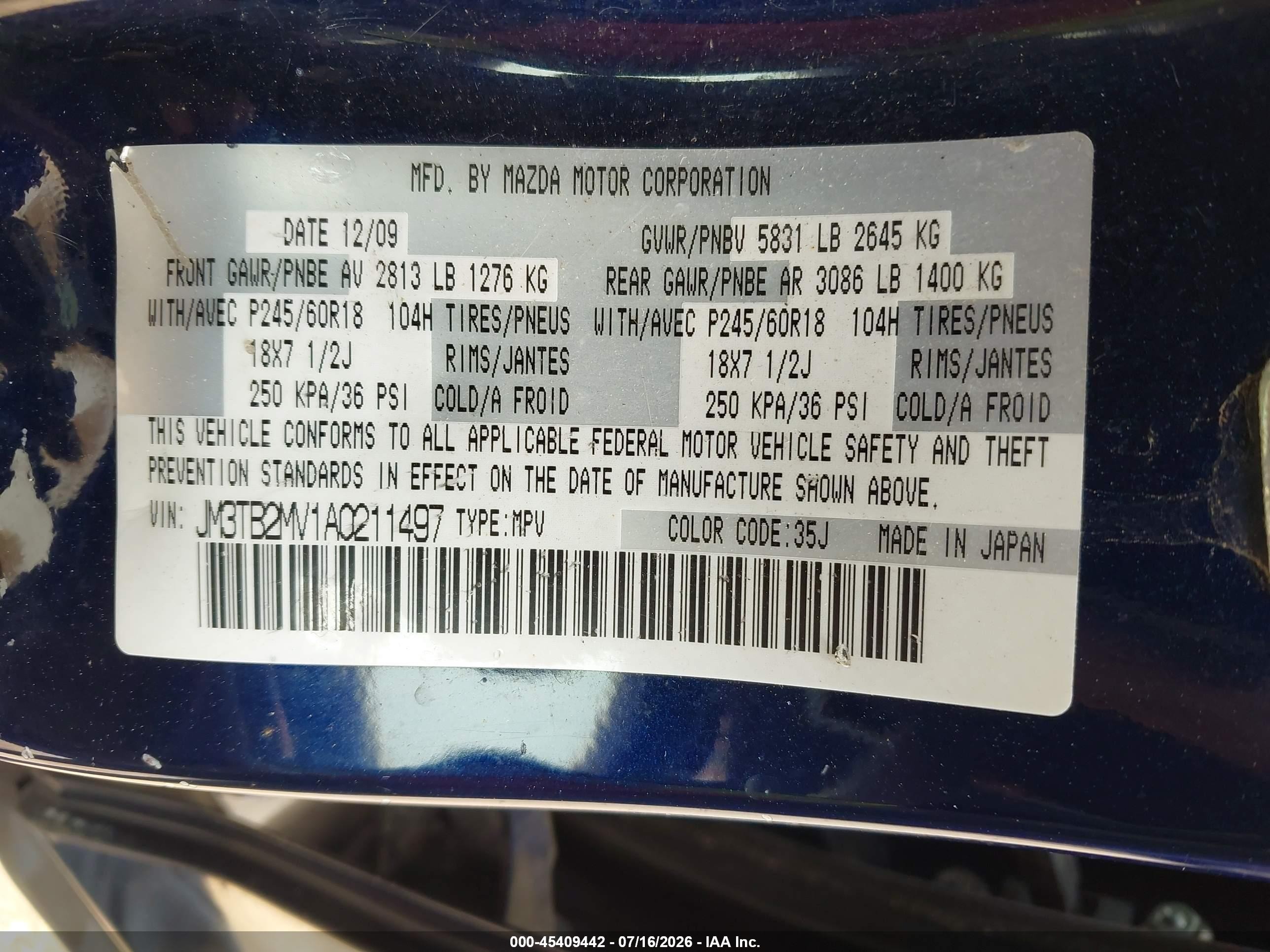 2010 Mazda Cx-9 Sport Blue vin: JM3TB2MV1A0211497