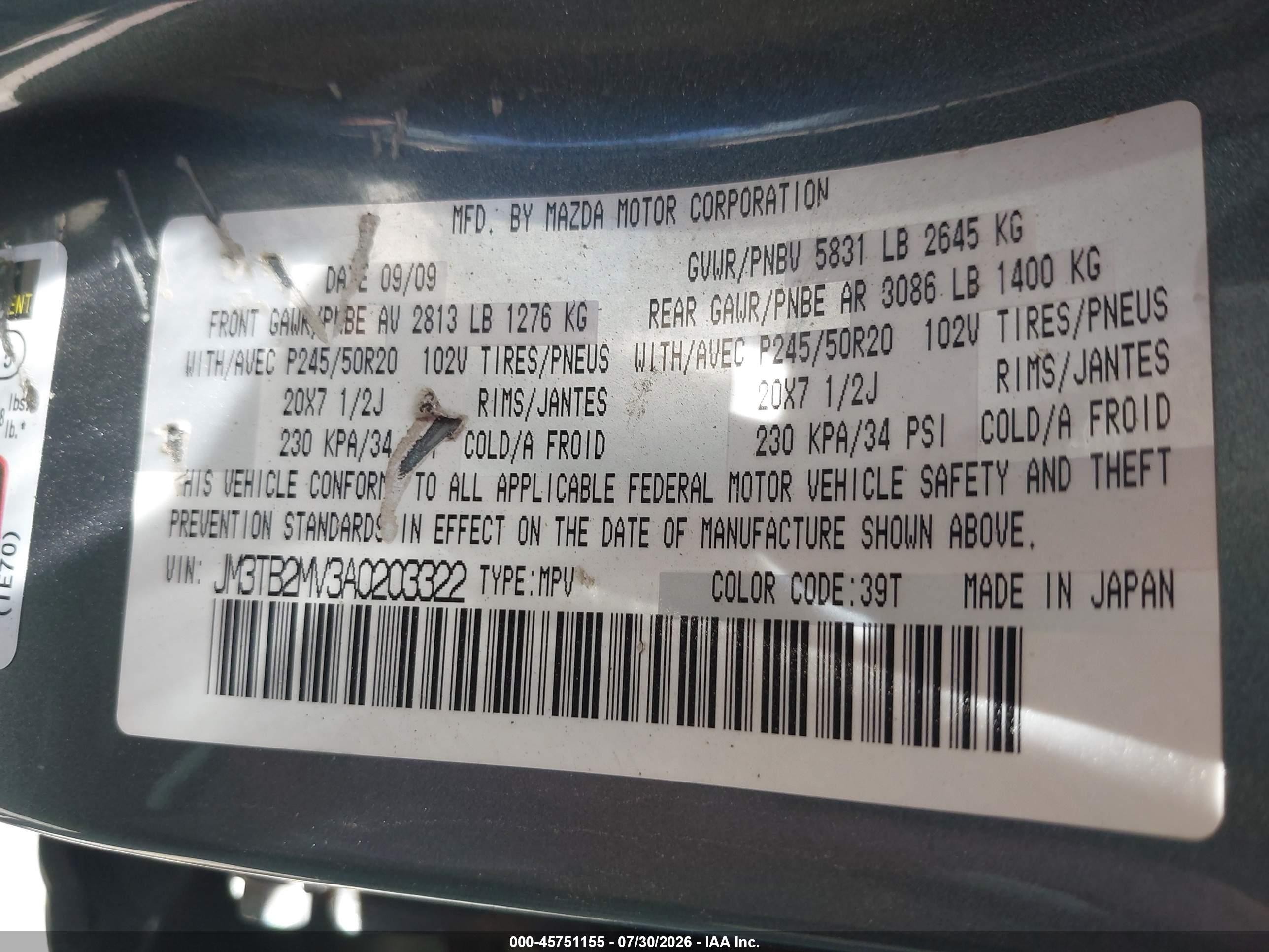 2010 Mazda Cx-9 Grand Touring Green vin: JM3TB2MV3A0203322
