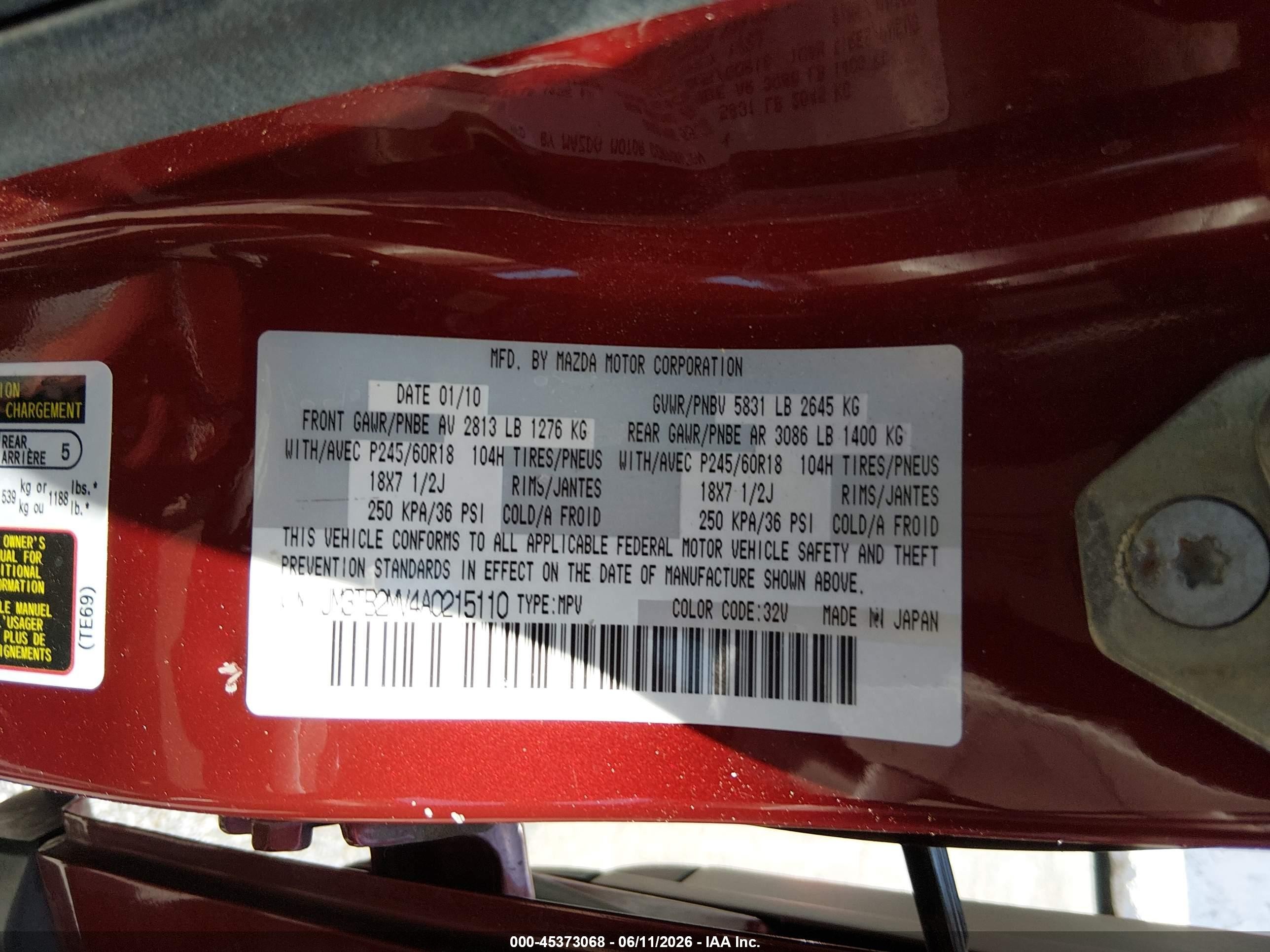 2010 Mazda Cx-9 Touring Red vin: JM3TB2MV4A0215110