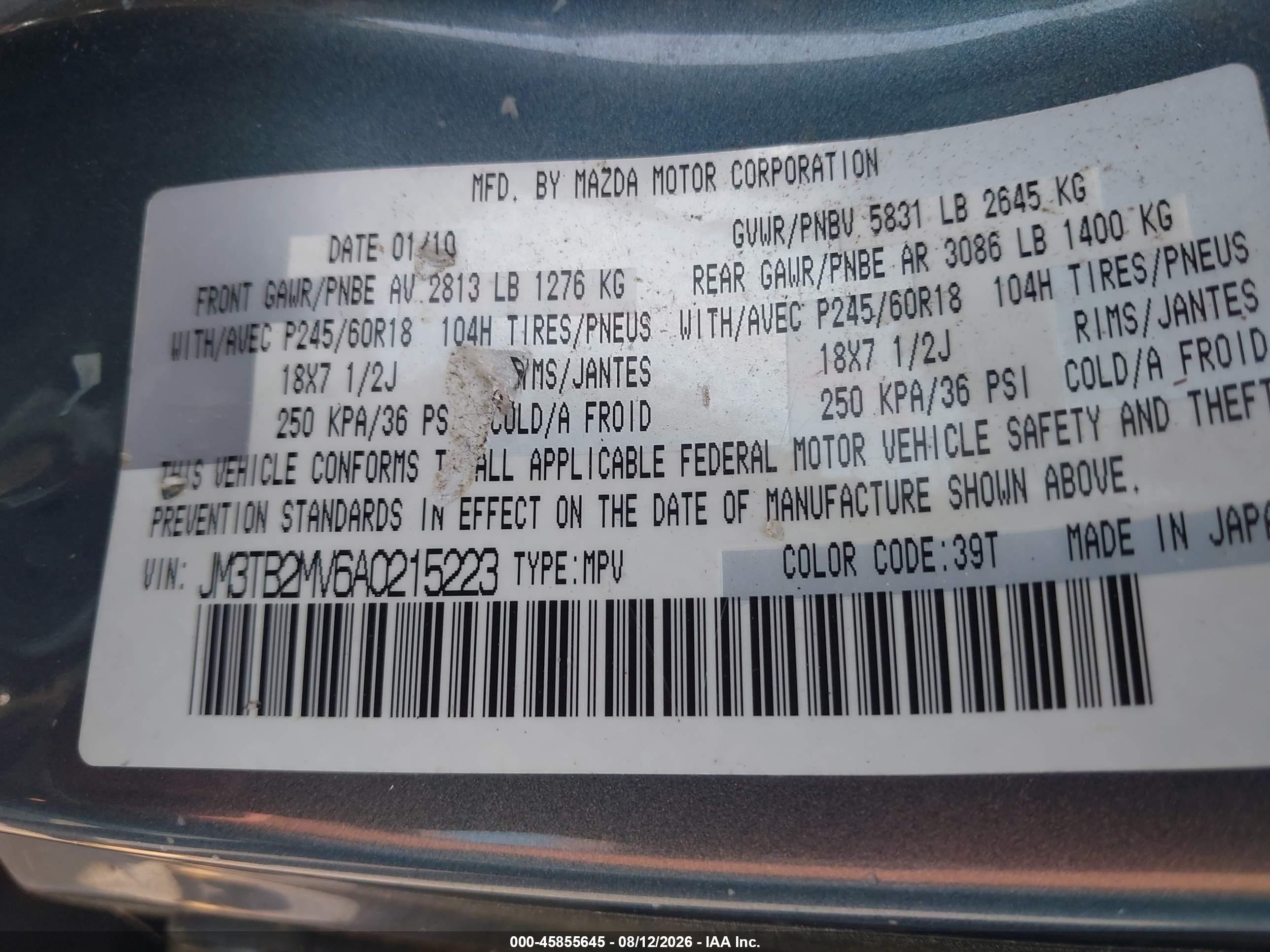 2010 Mazda Cx-9 Touring Зеленый vin: JM3TB2MV6A0215223