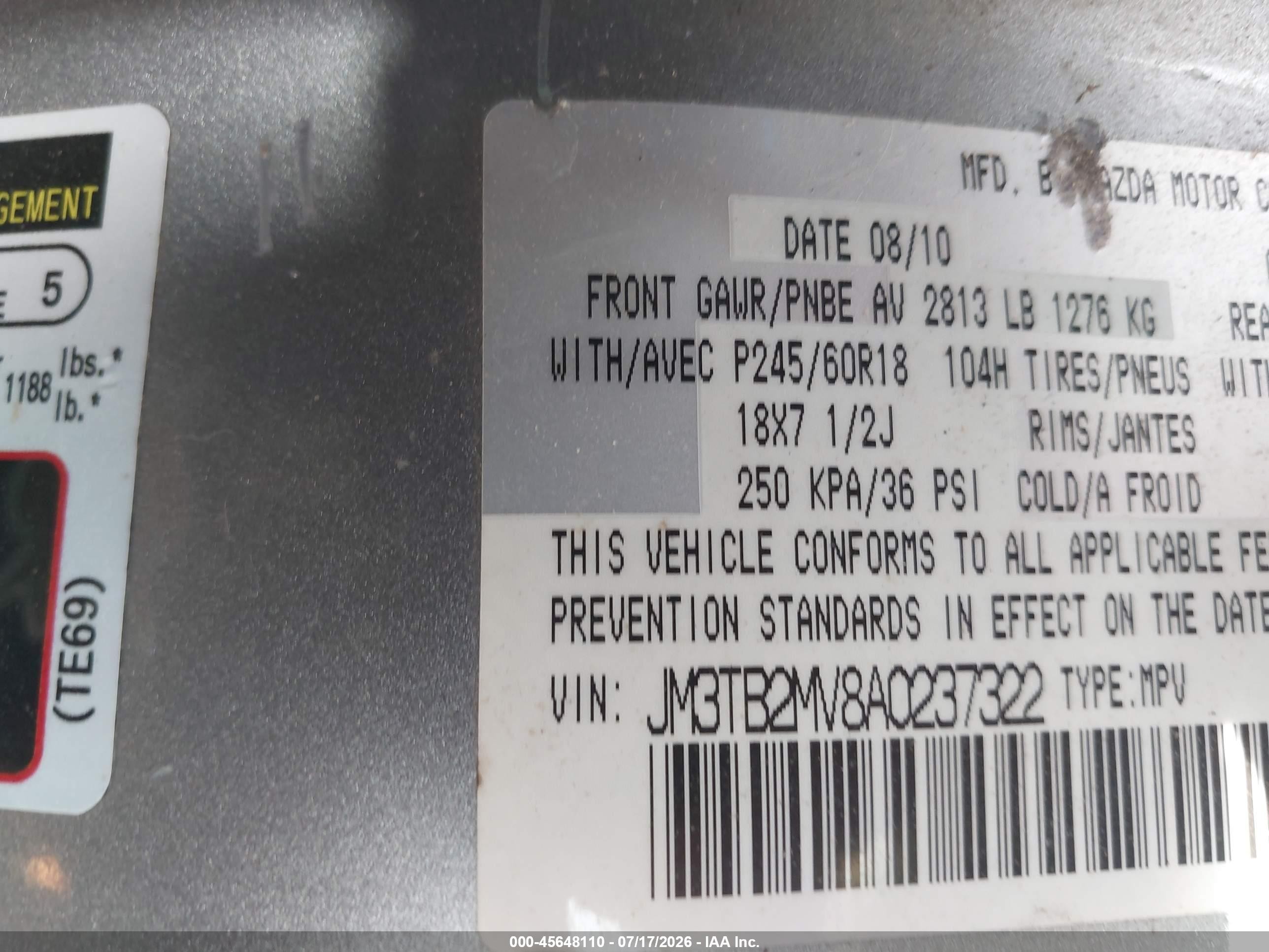 2010 Mazda Cx-9 Touring Silver vin: JM3TB2MV8A0237322