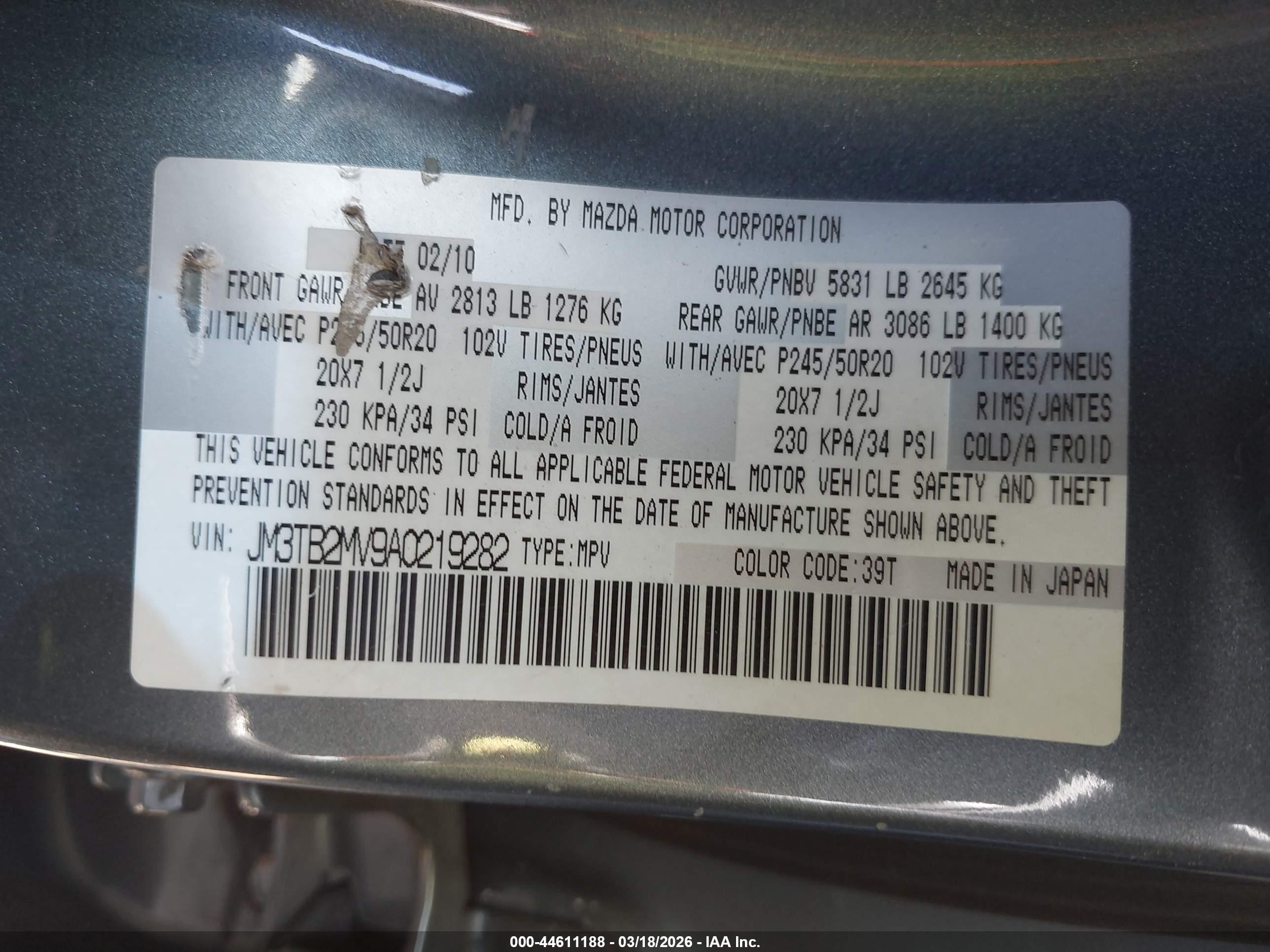 2010 Mazda Cx-9 Grand Touring Серый vin: JM3TB2MV9A0219282