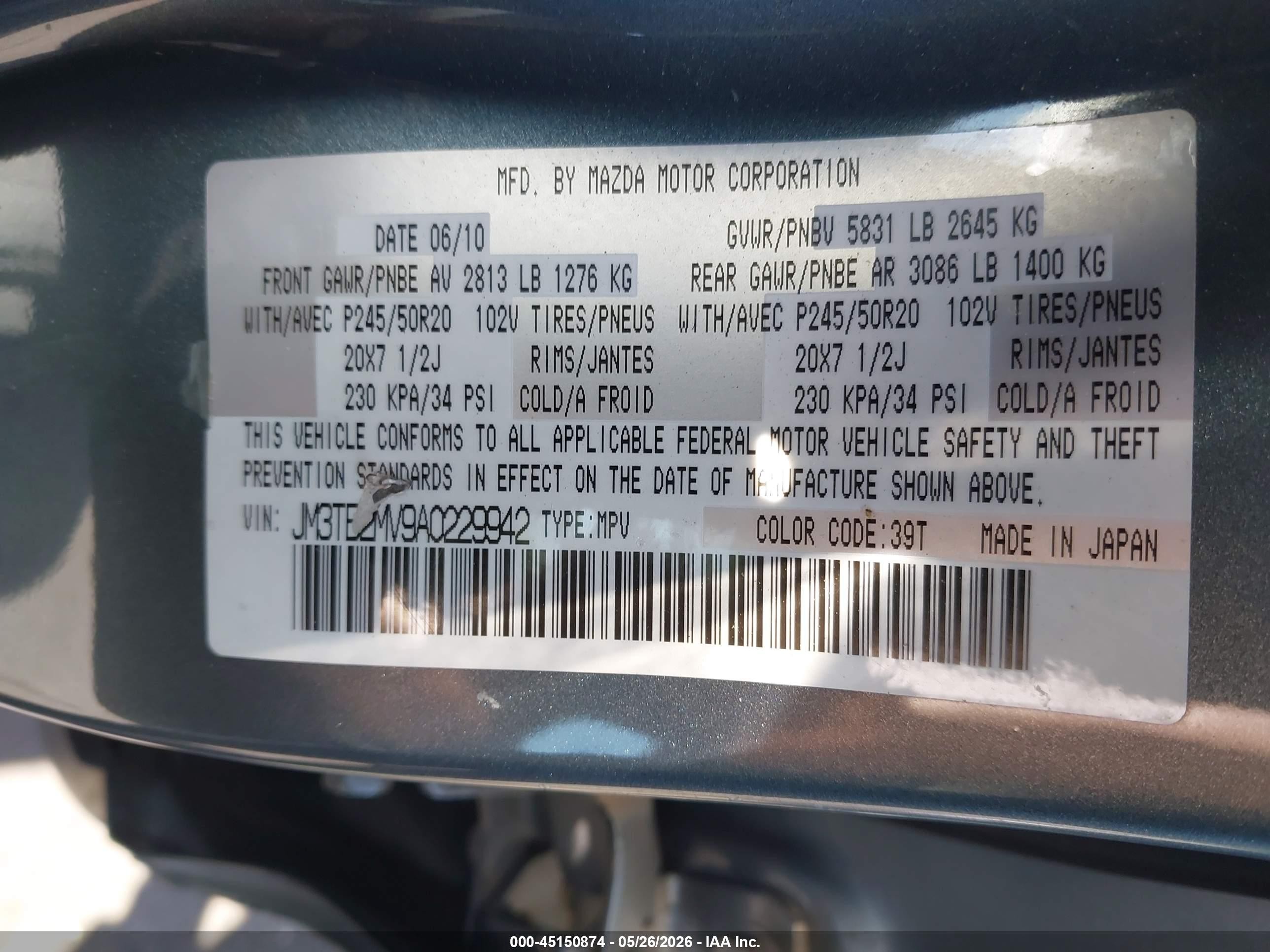 2010 Mazda Cx-9 Grand Touring Gray vin: JM3TB2MV9A0229942
