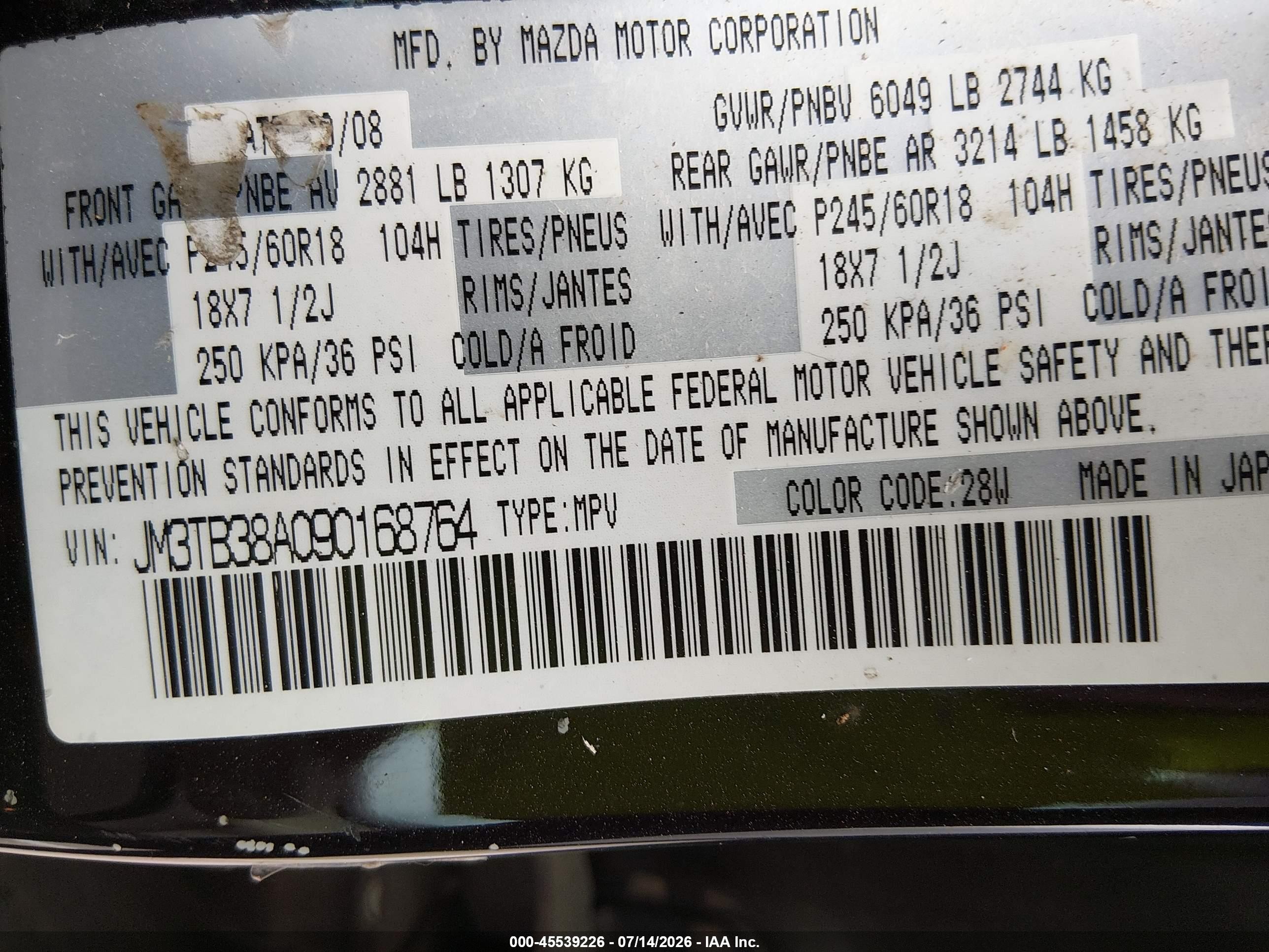 2009 Mazda Cx-9 Touring Purple vin: JM3TB38A090168764