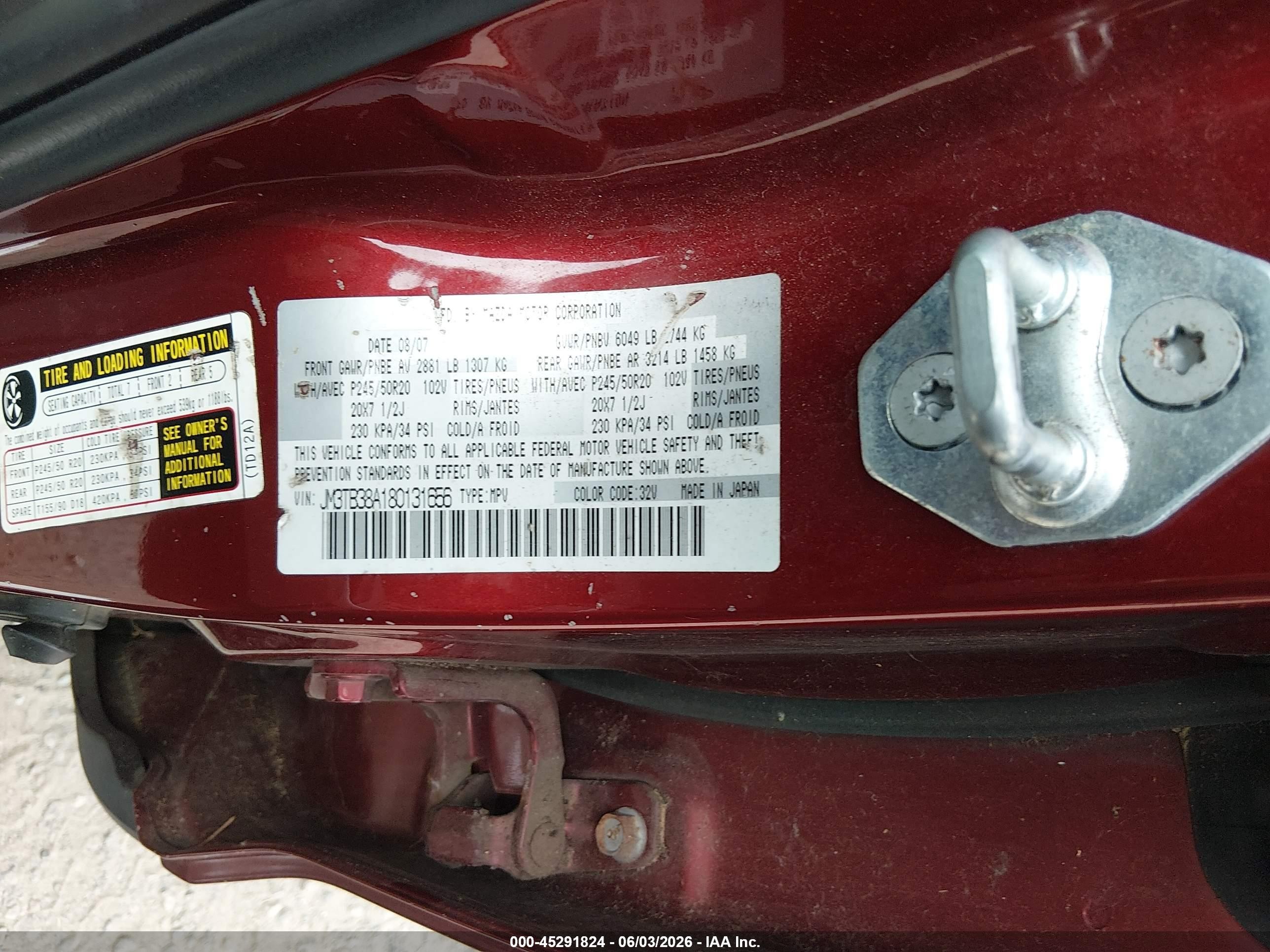 2008 Mazda Cx-9 Grand Touring Red vin: JM3TB38A180131656