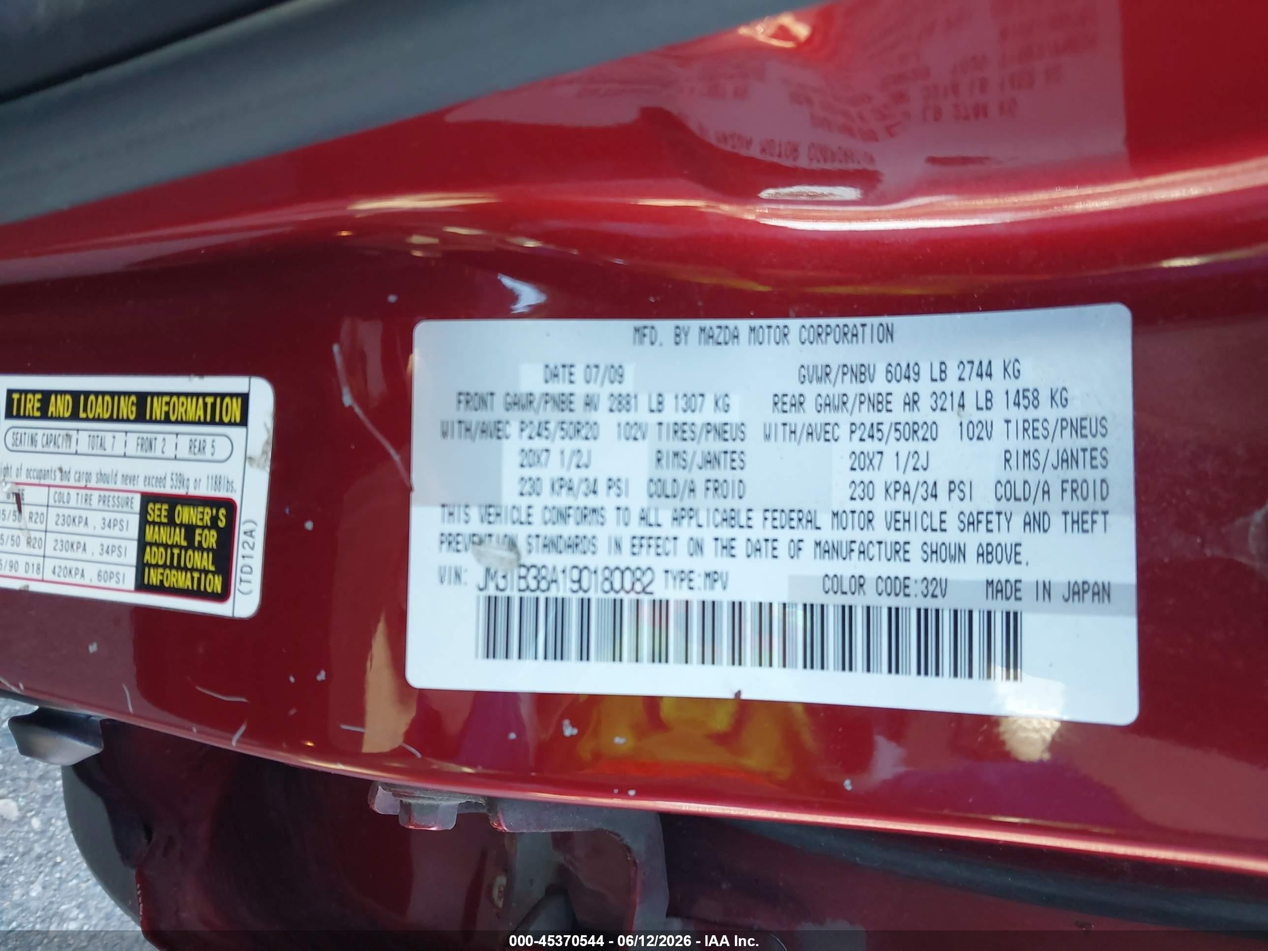 2009 Mazda Cx-9 Grand Touring Red vin: JM3TB38A190180082