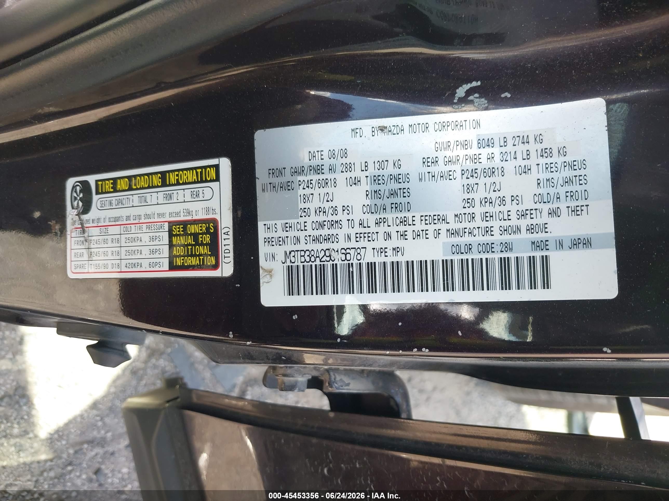 2009 Mazda Cx-9 Touring Purple vin: JM3TB38A290166787