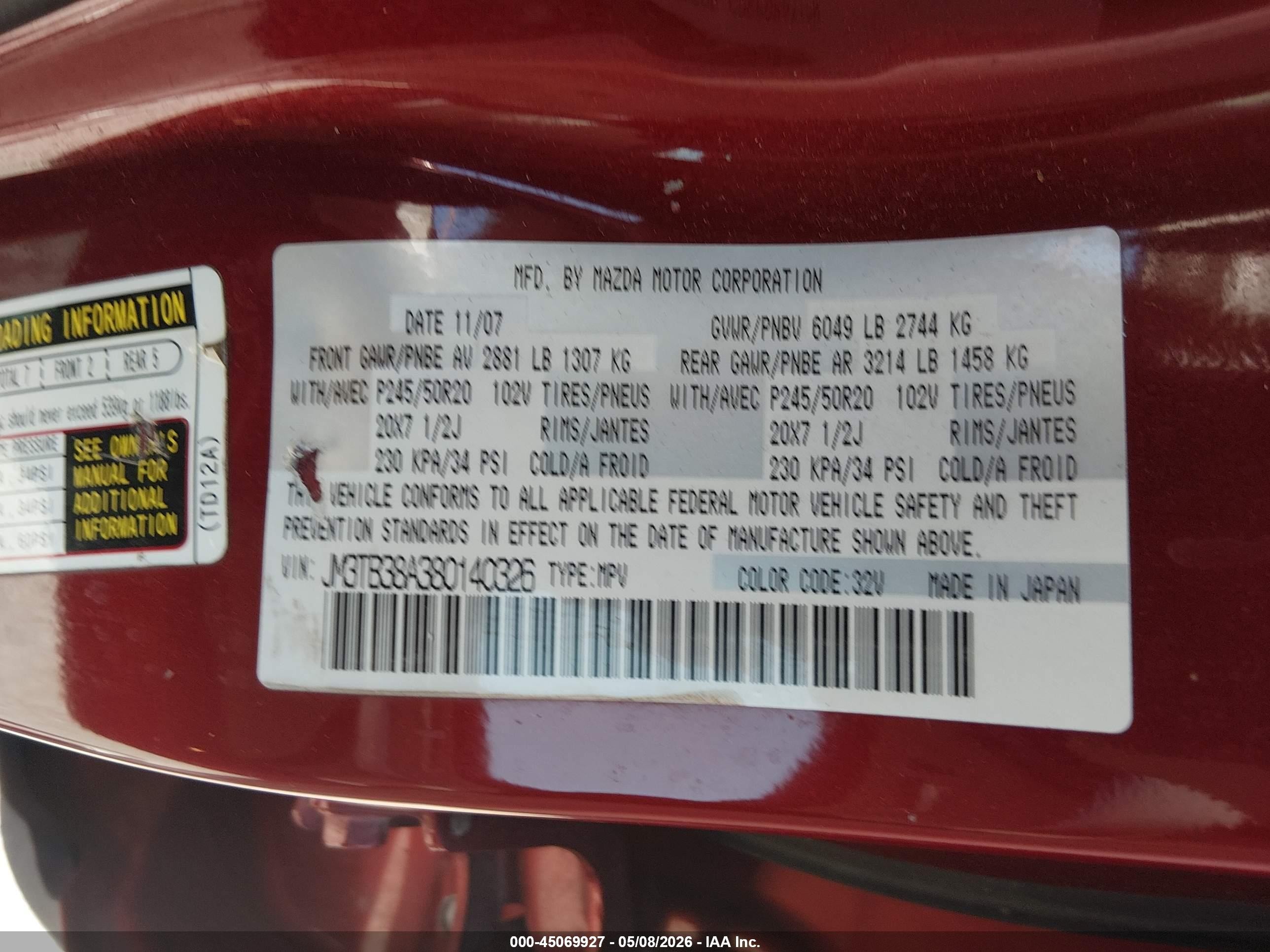 2008 Mazda Cx-9 Grand Touring Red vin: JM3TB38A380140326