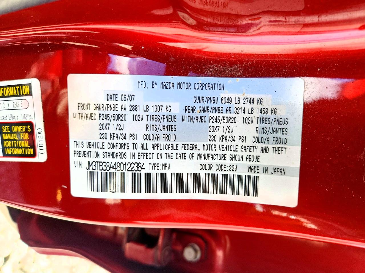 2008 Mazda Cx-9 Red vin: JM3TB38A480122384