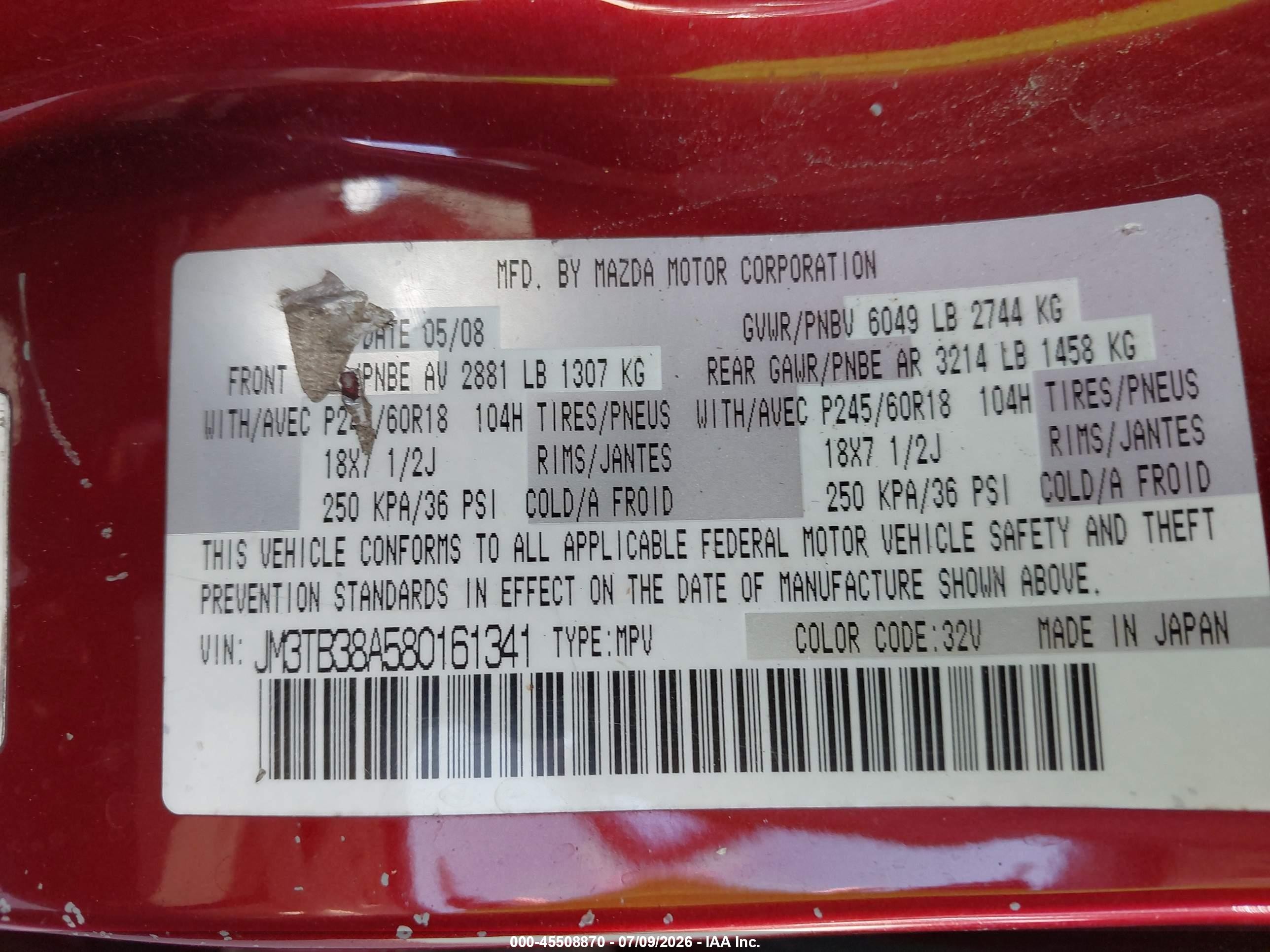 2008 Mazda Cx-9 Touring Red vin: JM3TB38A580161341
