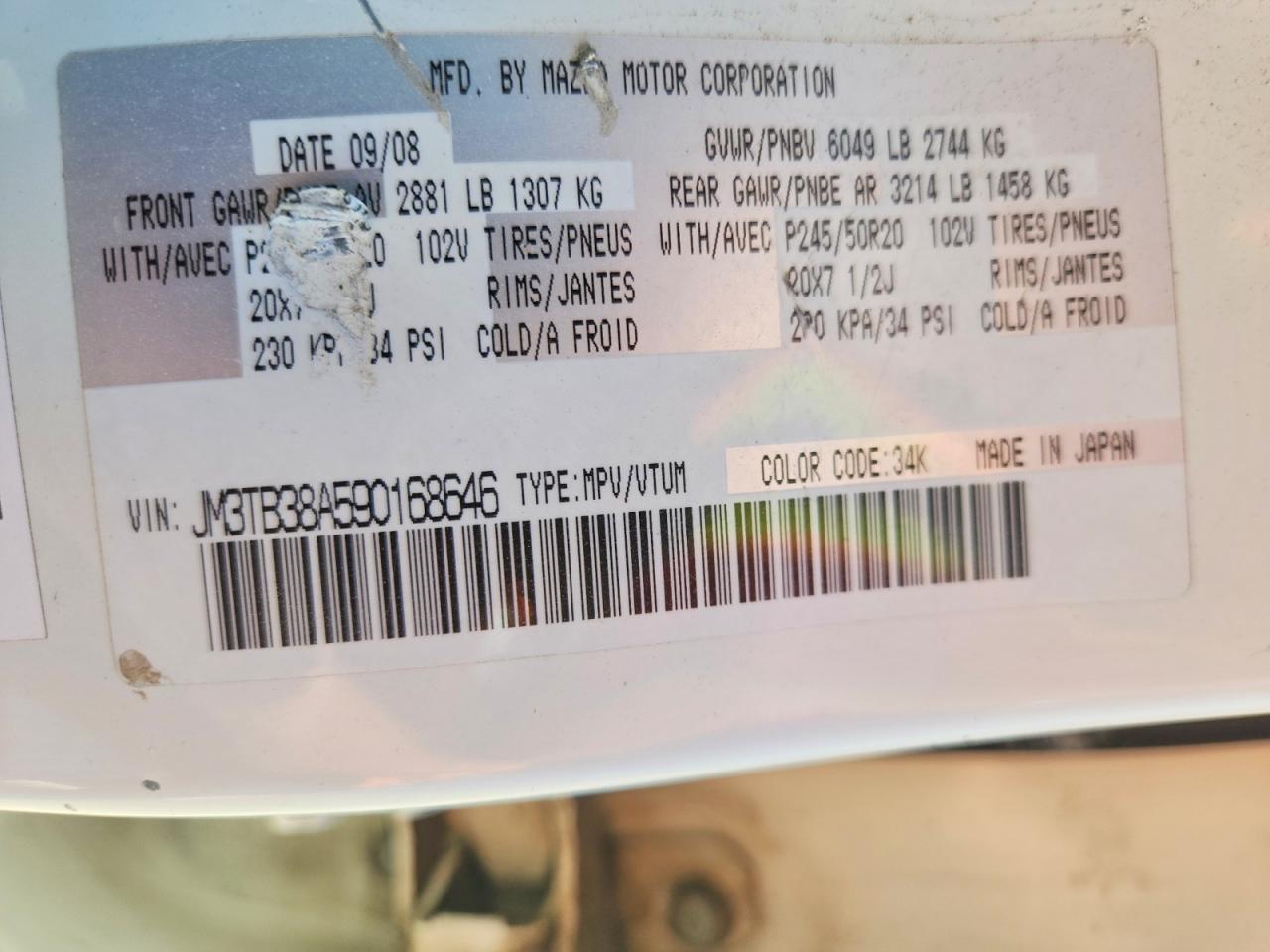 2009 Mazda Cx-9 White vin: JM3TB38A590168646