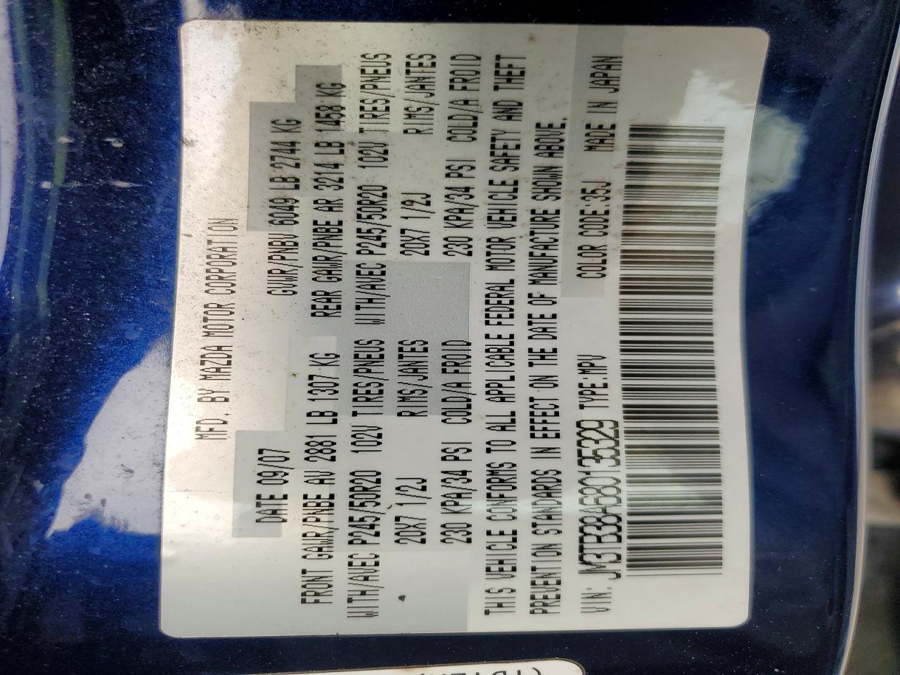 2008 Mazda Cx-9 Blue vin: JM3TB38A680135329