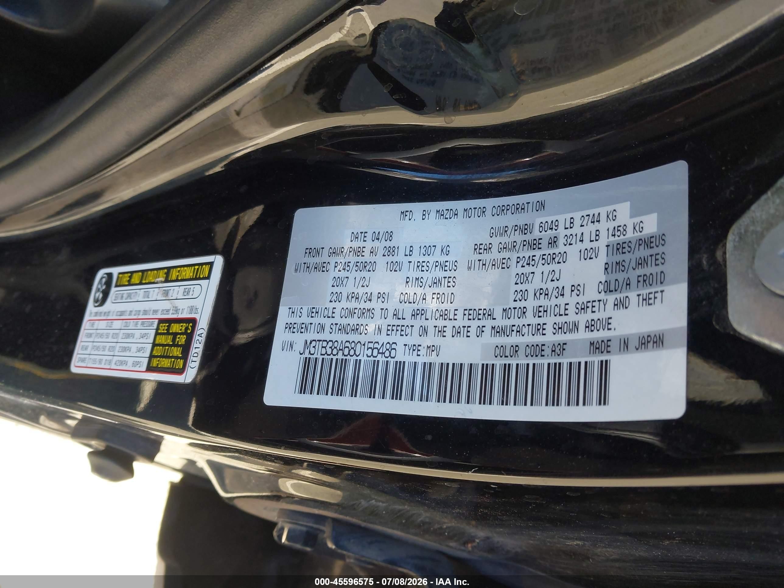 2008 Mazda Cx-9 Grand Touring Black vin: JM3TB38A680156486