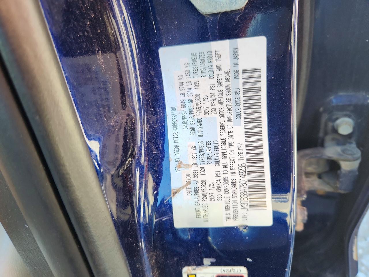 2008 Mazda Cx-9 Blue vin: JM3TB38A780149238