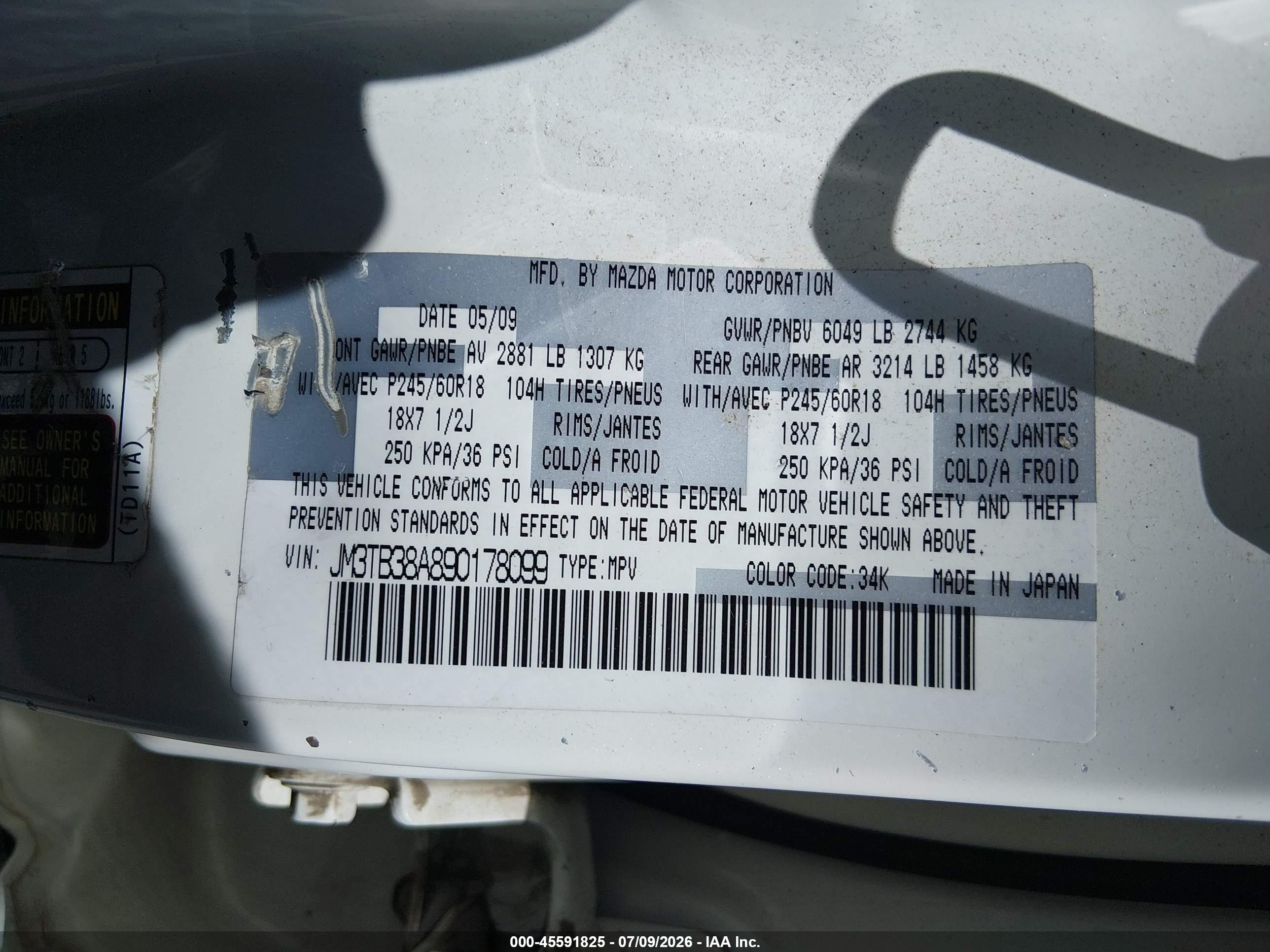 2009 Mazda Cx-9 Touring White vin: JM3TB38A890178099